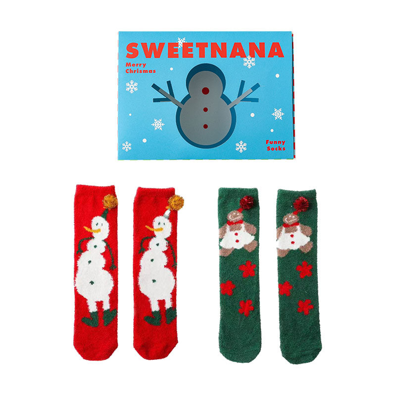 Sweetnana 2パック クリスマス チューブ クルー ソックス 女性用, クレイジー クリスマス ギフト ボックス, 暖かい 厚手の 冬用 ソックス, ふわふわで 柔らかい ソックス。