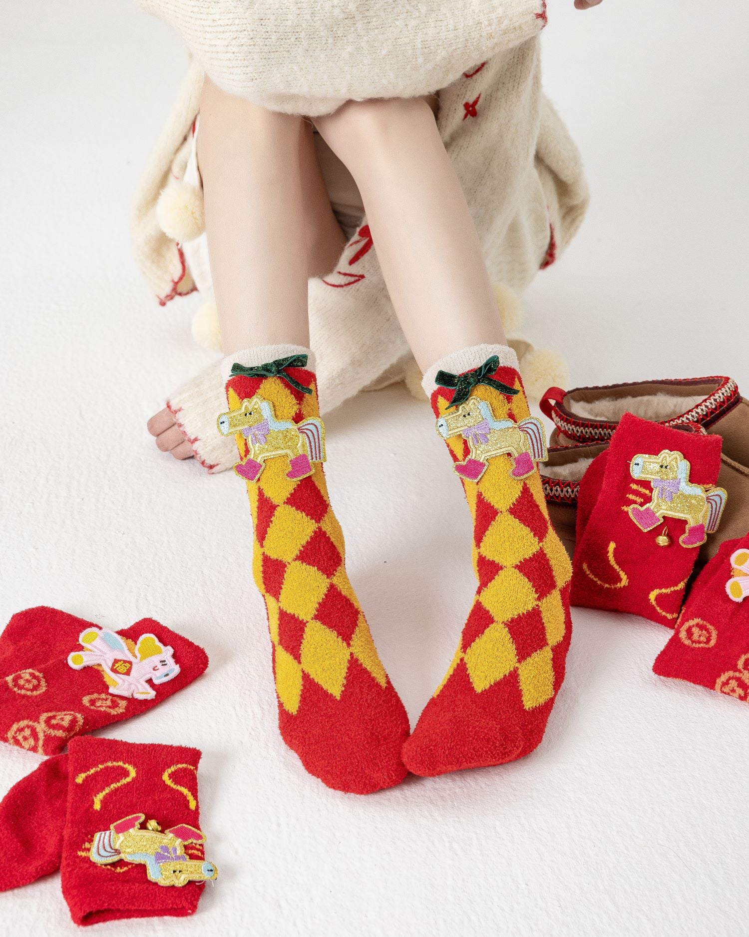 3-Pack New Year 3D Horse Patch Red Socks Combed Cotton Cozy Crew