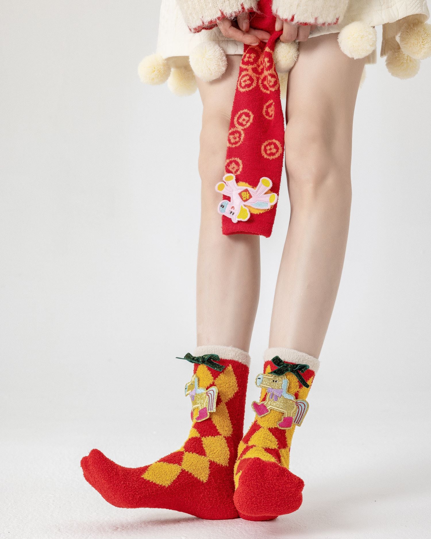 3-Pack New Year 3D Horse Patch Red Socks Combed Cotton Cozy Crew