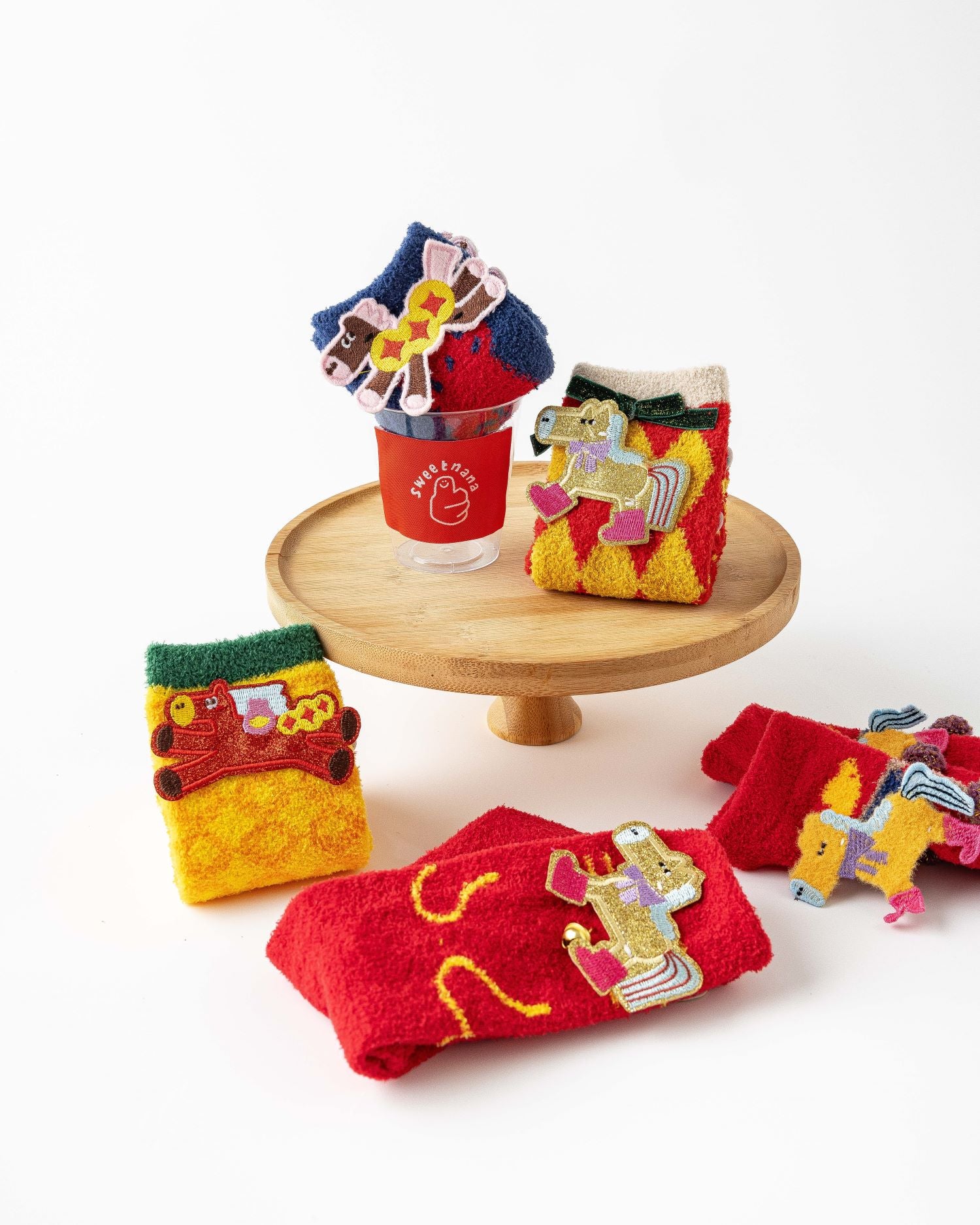 3-Pack New Year 3D Horse Patch Red Socks Combed Cotton Cozy Crew