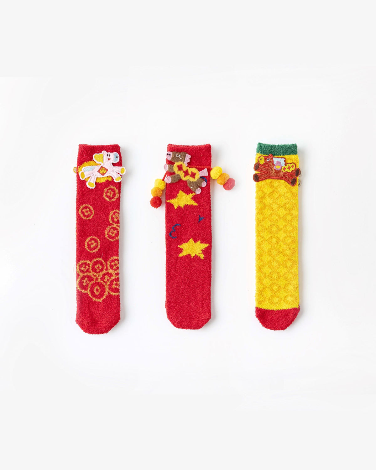 3-Pack New Year 3D Horse Patch Red Socks Combed Cotton Cozy Crew