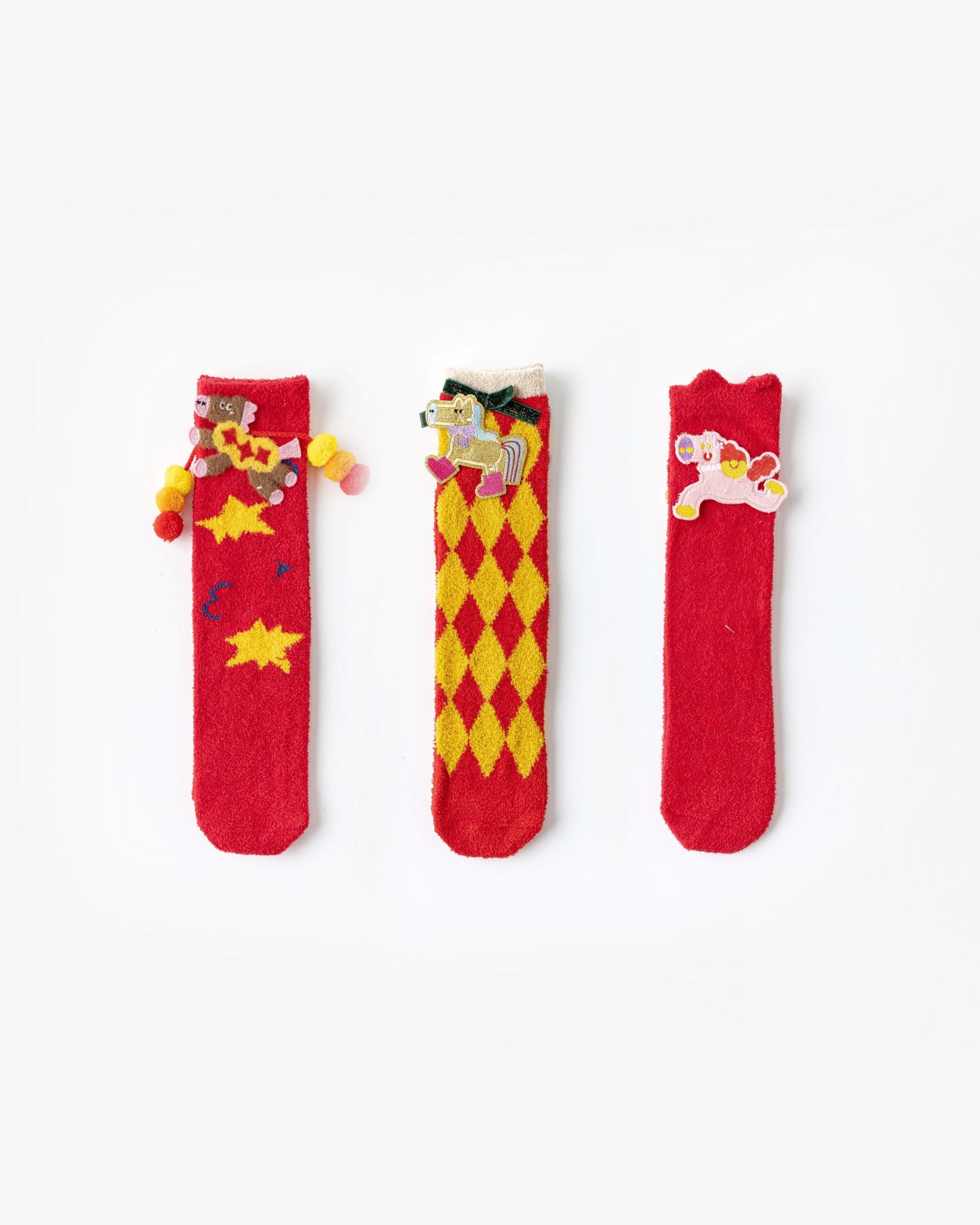 3-Pack New Year 3D Horse Patch Red Socks Combed Cotton Cozy Crew