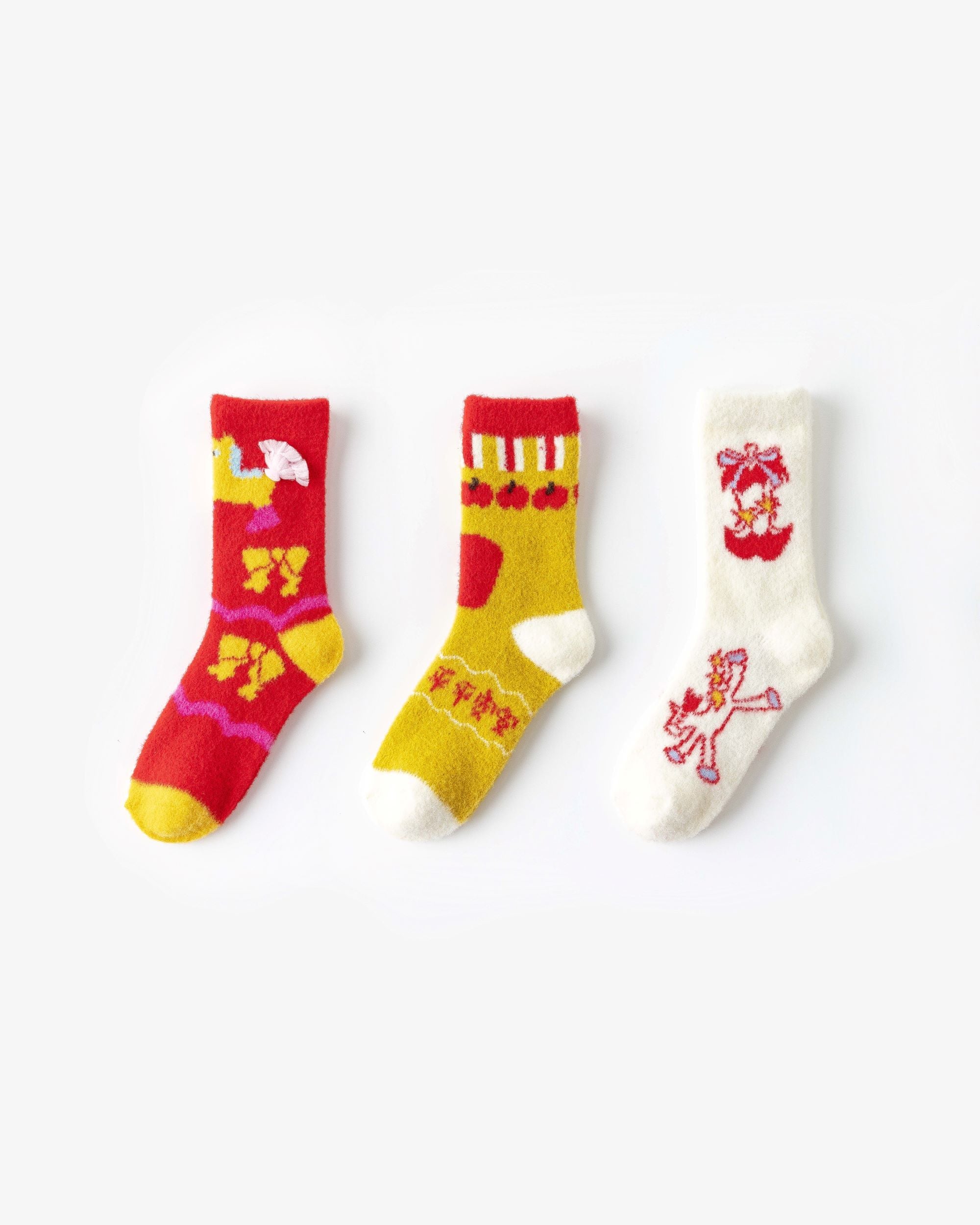 3-Pack New Year Year of Horse Red Socks Combed Cotton Cozy Crew