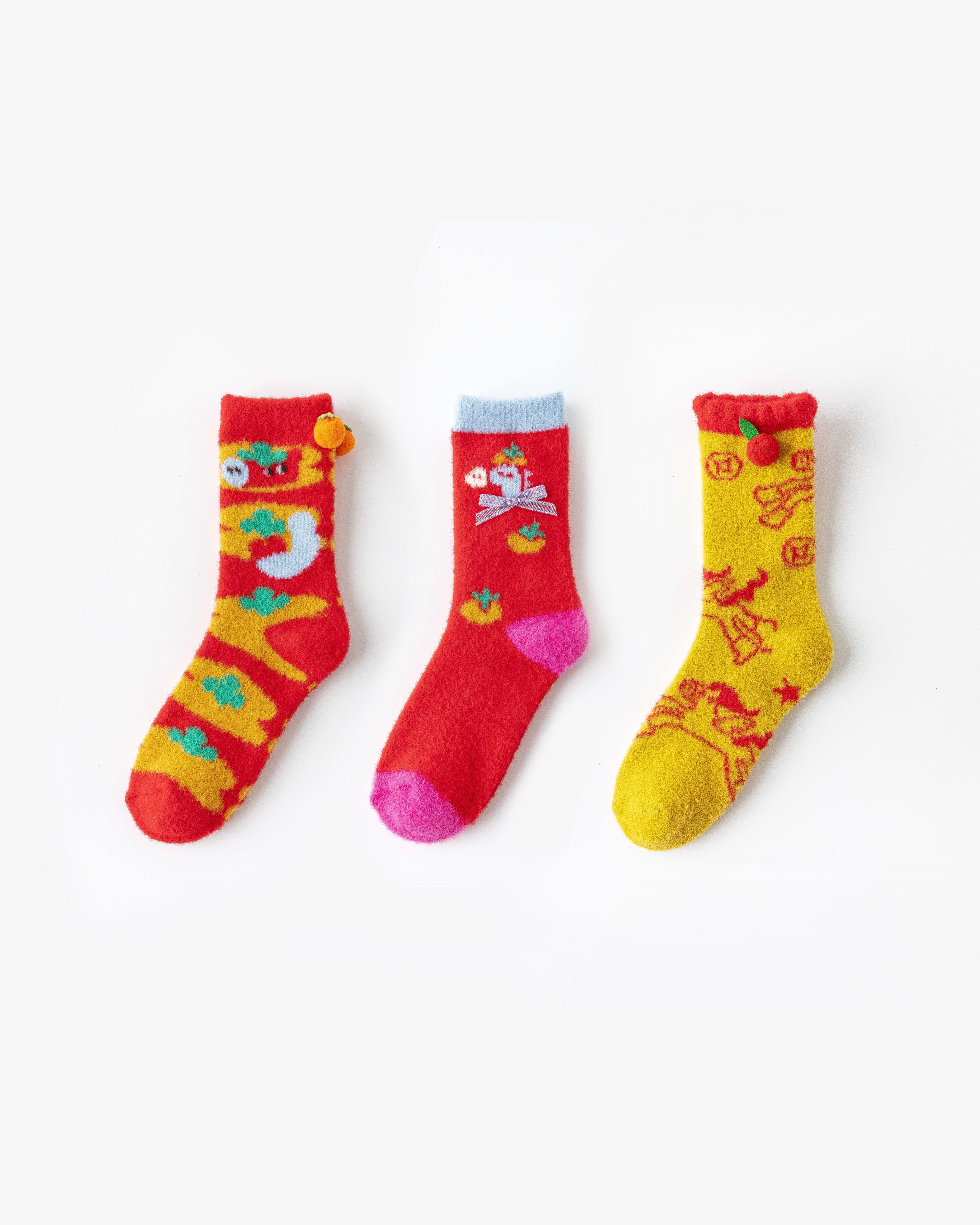 3-Pack New Year Year of Horse Red Socks Combed Cotton Cozy Crew