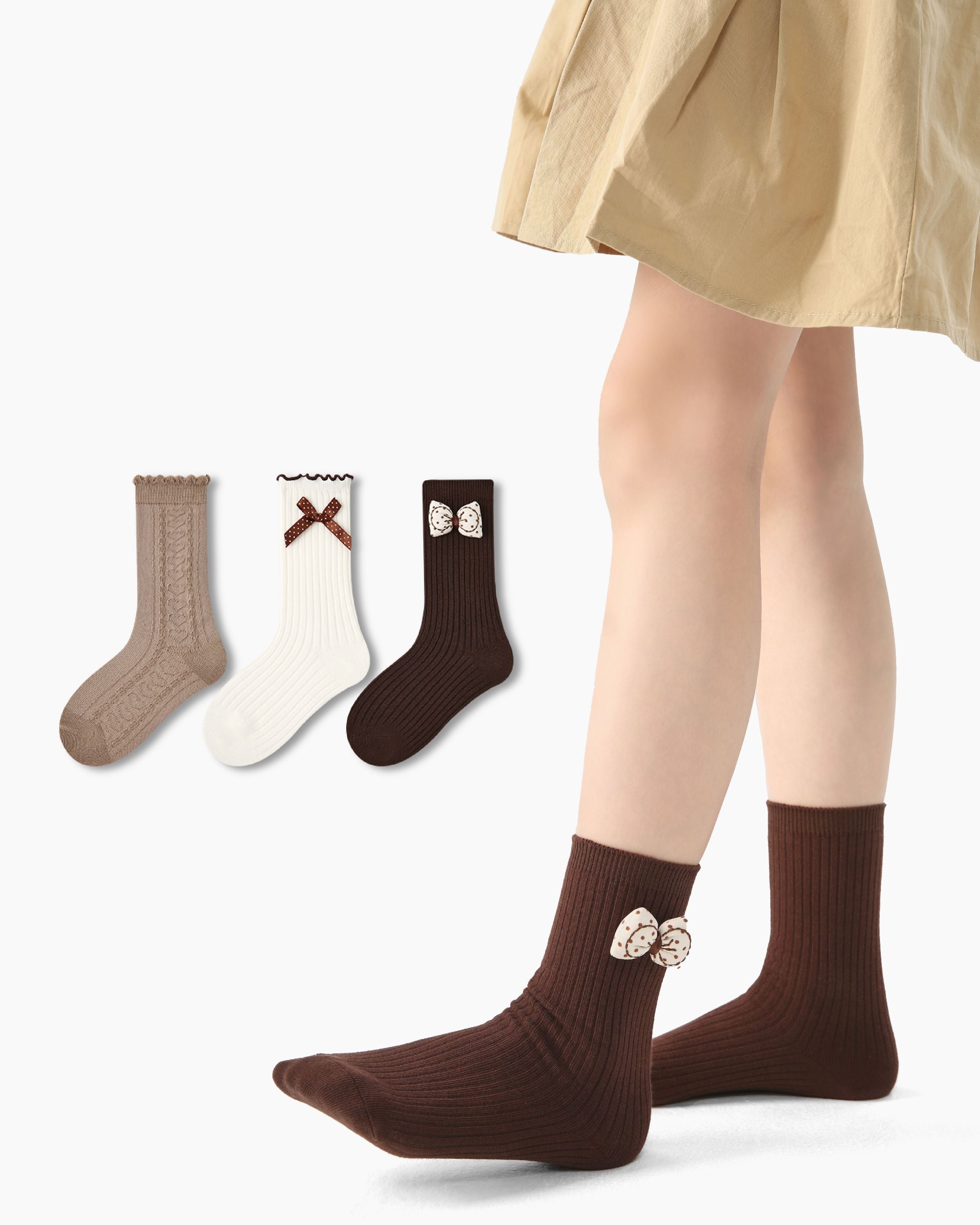 3 Pack Kids Crew Socks Cocoa Crisp Bow Ruffle Combed Cotton - SWEET NANA