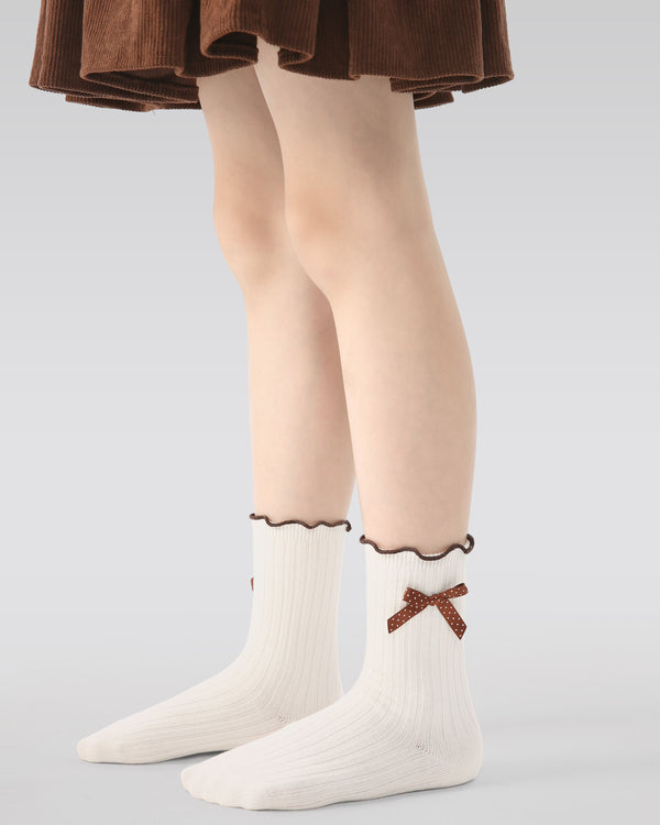 3 Pack Kids Crew Socks Cocoa Crisp Bow Ruffle Combed Cotton - SWEET NANA