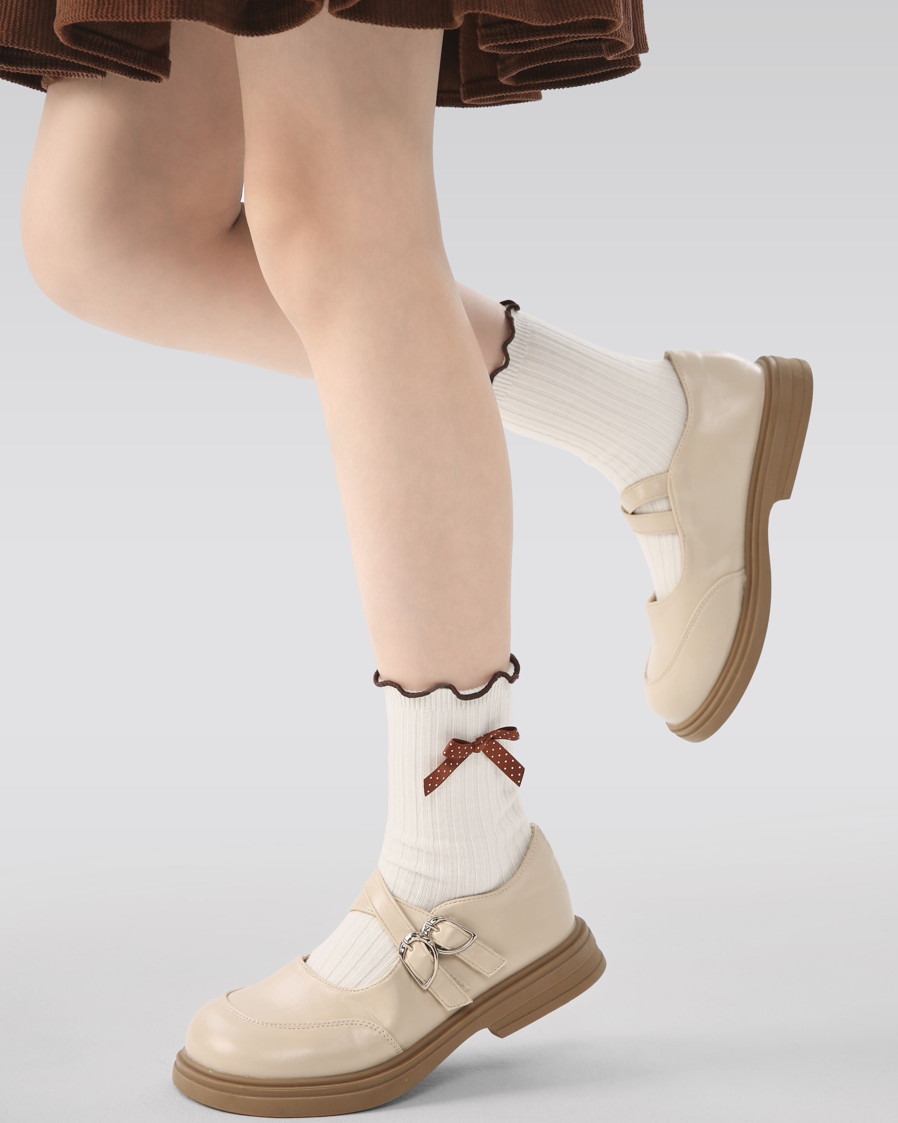 3 Pack Kids Crew Socks Cocoa Crisp Bow Ruffle Combed Cotton