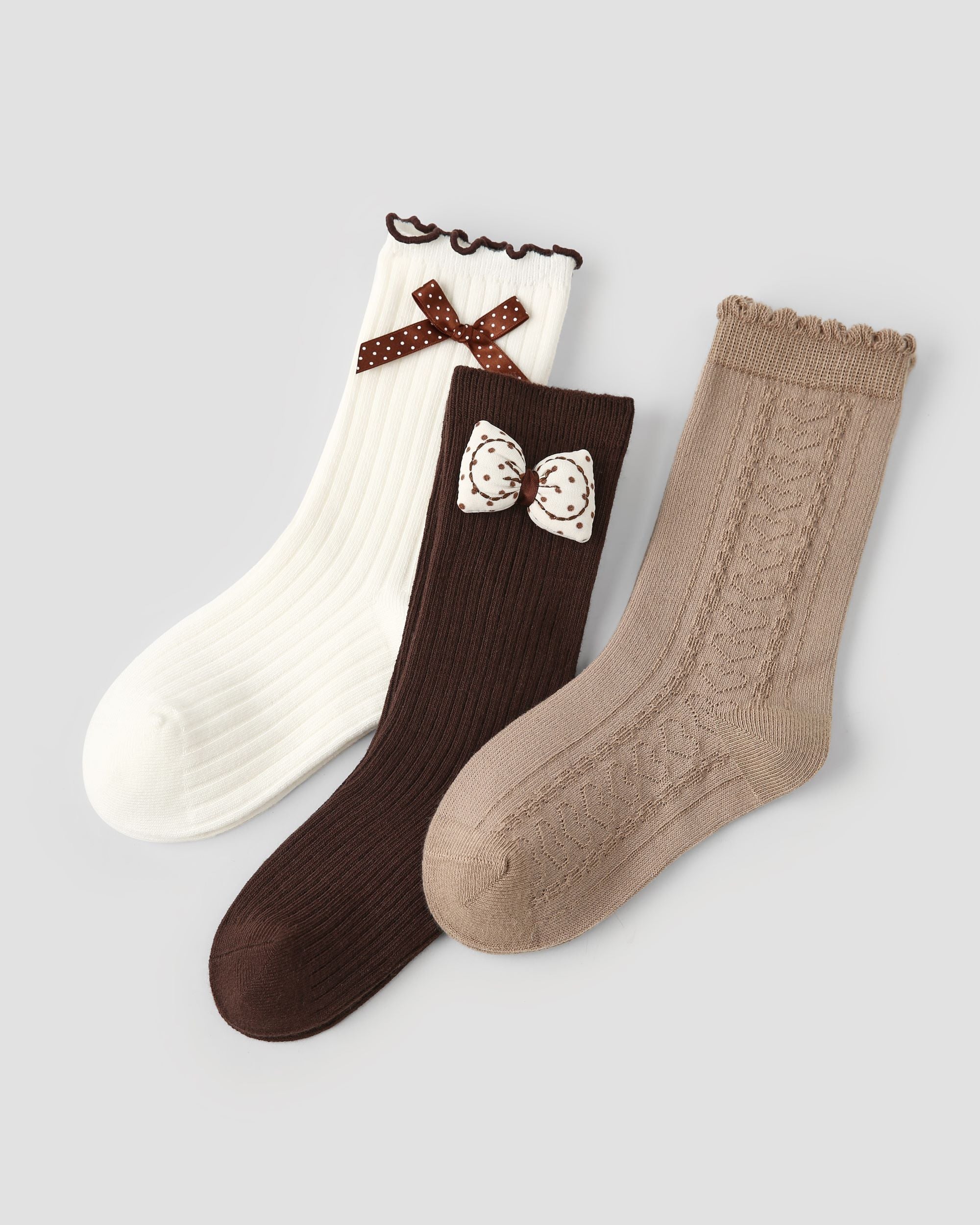 3 Pack Kids Crew Socks Cocoa Crisp Bow Ruffle Combed Cotton