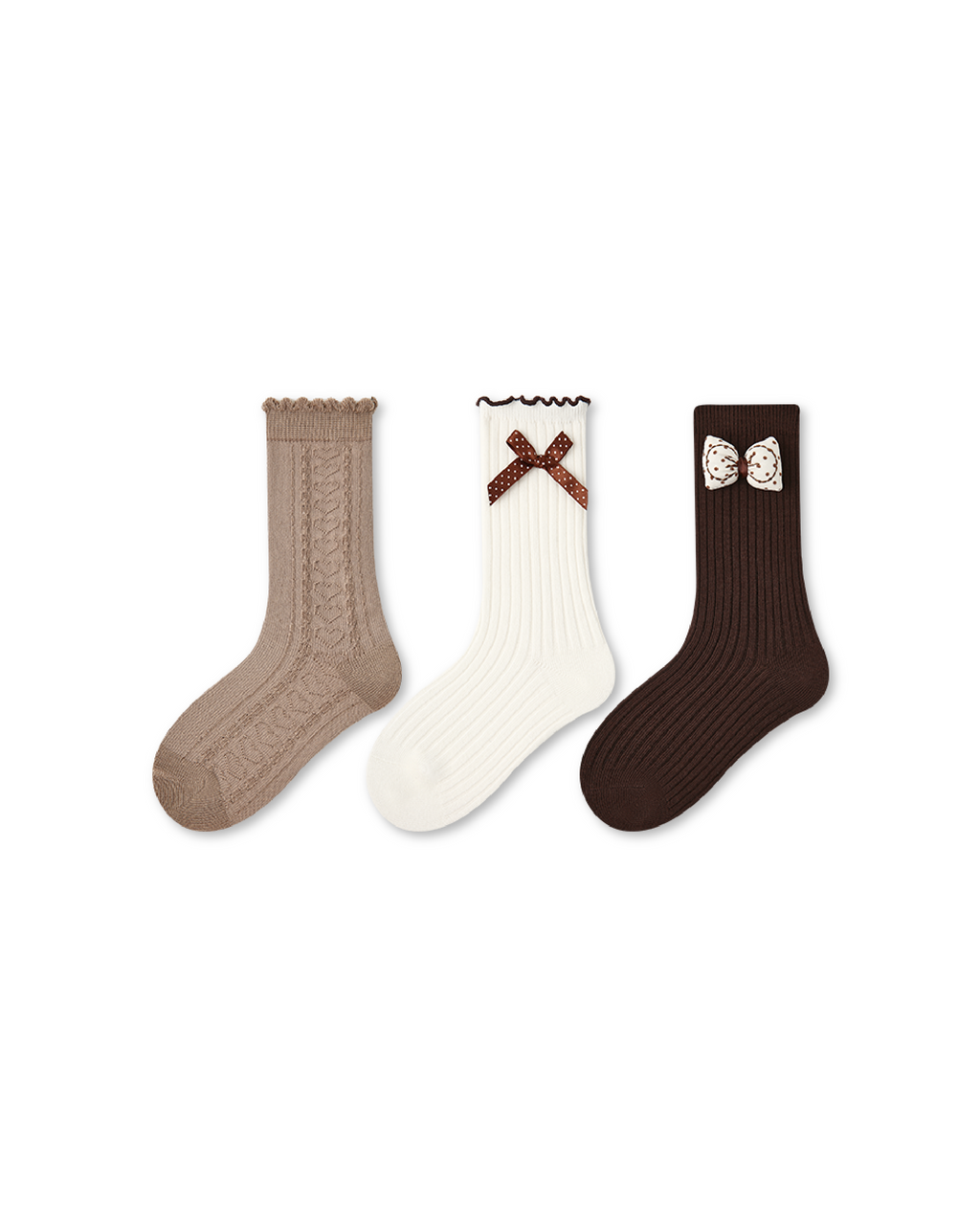 3 Pack Kids Crew Socks Cocoa Crisp Bow Ruffle Combed Cotton - SWEET NANA
