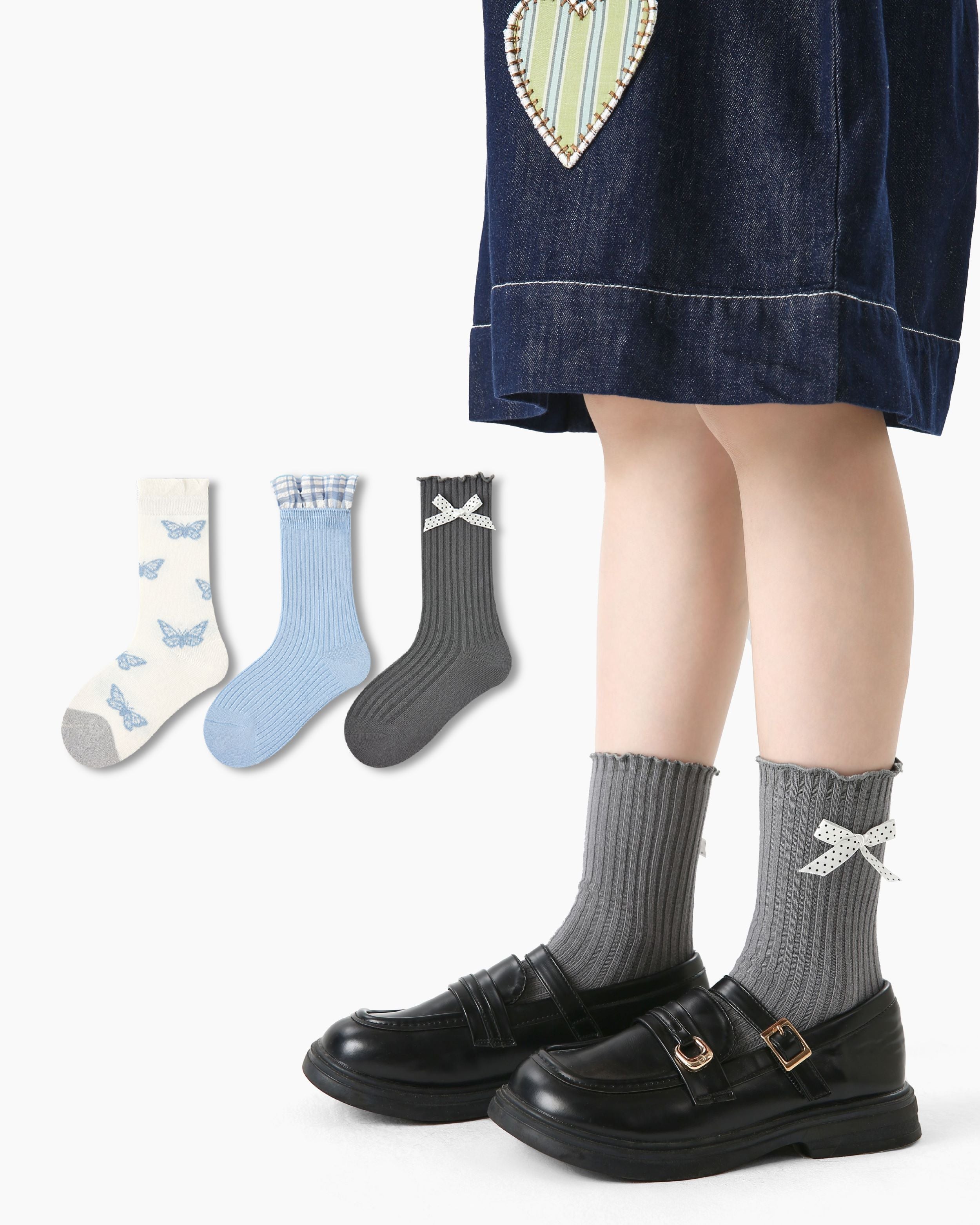 3 Pack Kids Crew Socks Moon White Sparkling Butterfly Bow Ruffle