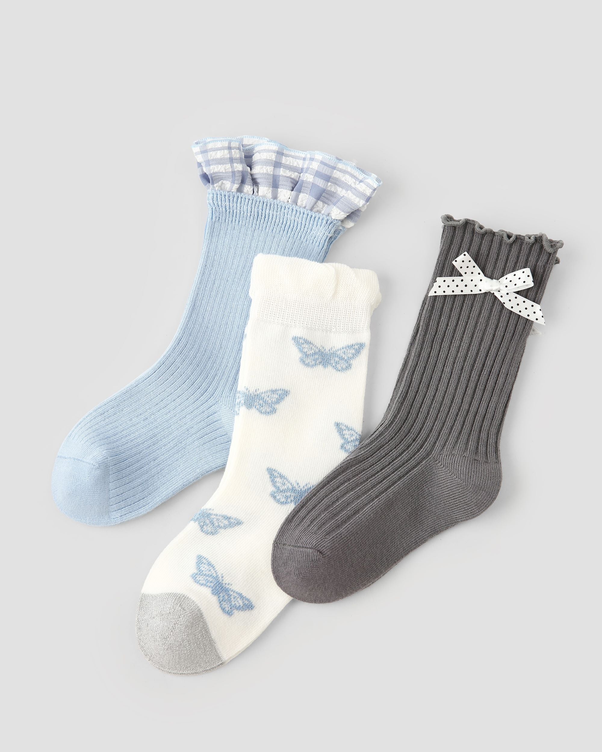 3 Pack Kids Crew Socks Moon White Sparkling Butterfly Bow Ruffle