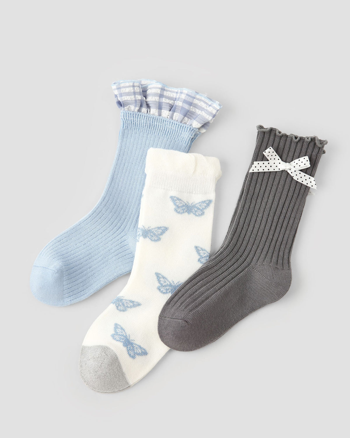 3 Pack Kids Crew Socks Moon White Sparkling Butterfly Bow Ruffle