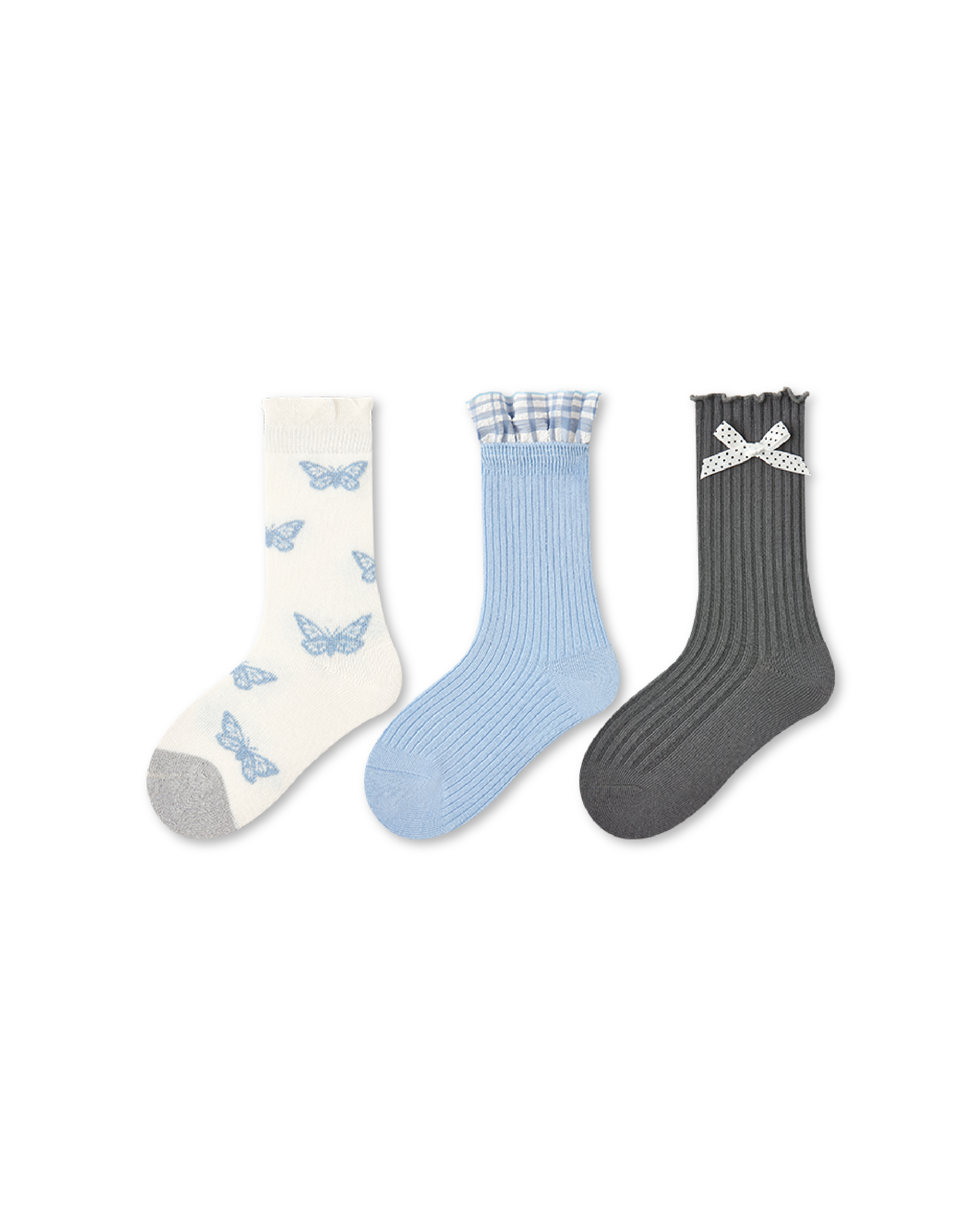 3パック キッズ クルーソックス ムーンホワイト スパークリング バタフライ リボン フリル
