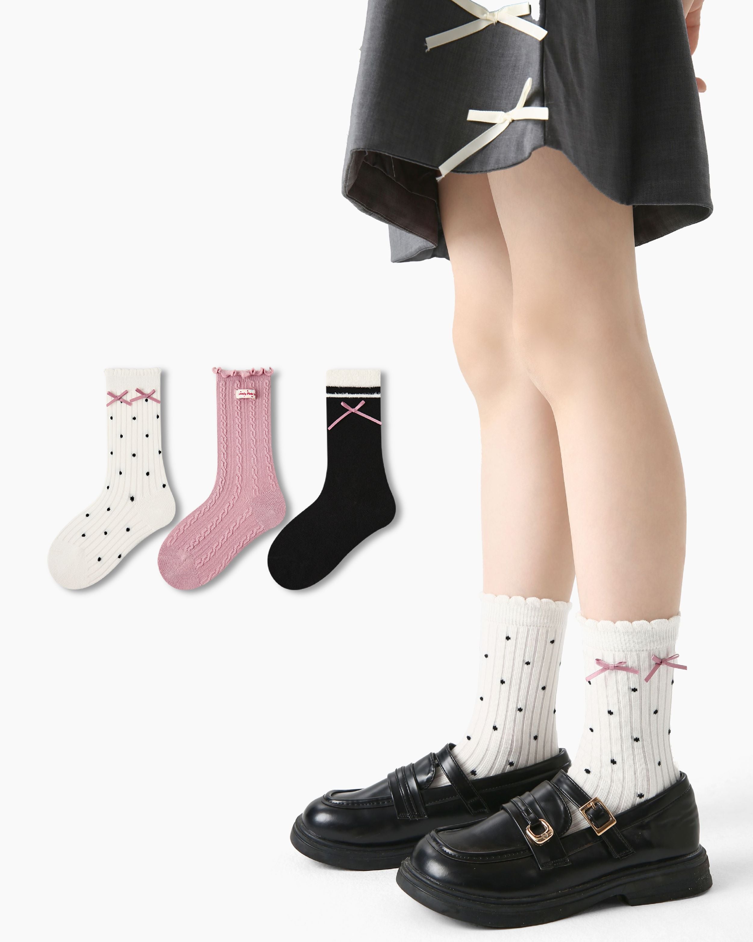3 Pack Kids Crew Socks Pink Bubble Bow Polka Dot Combed Cotton - SWEET NANA Main image