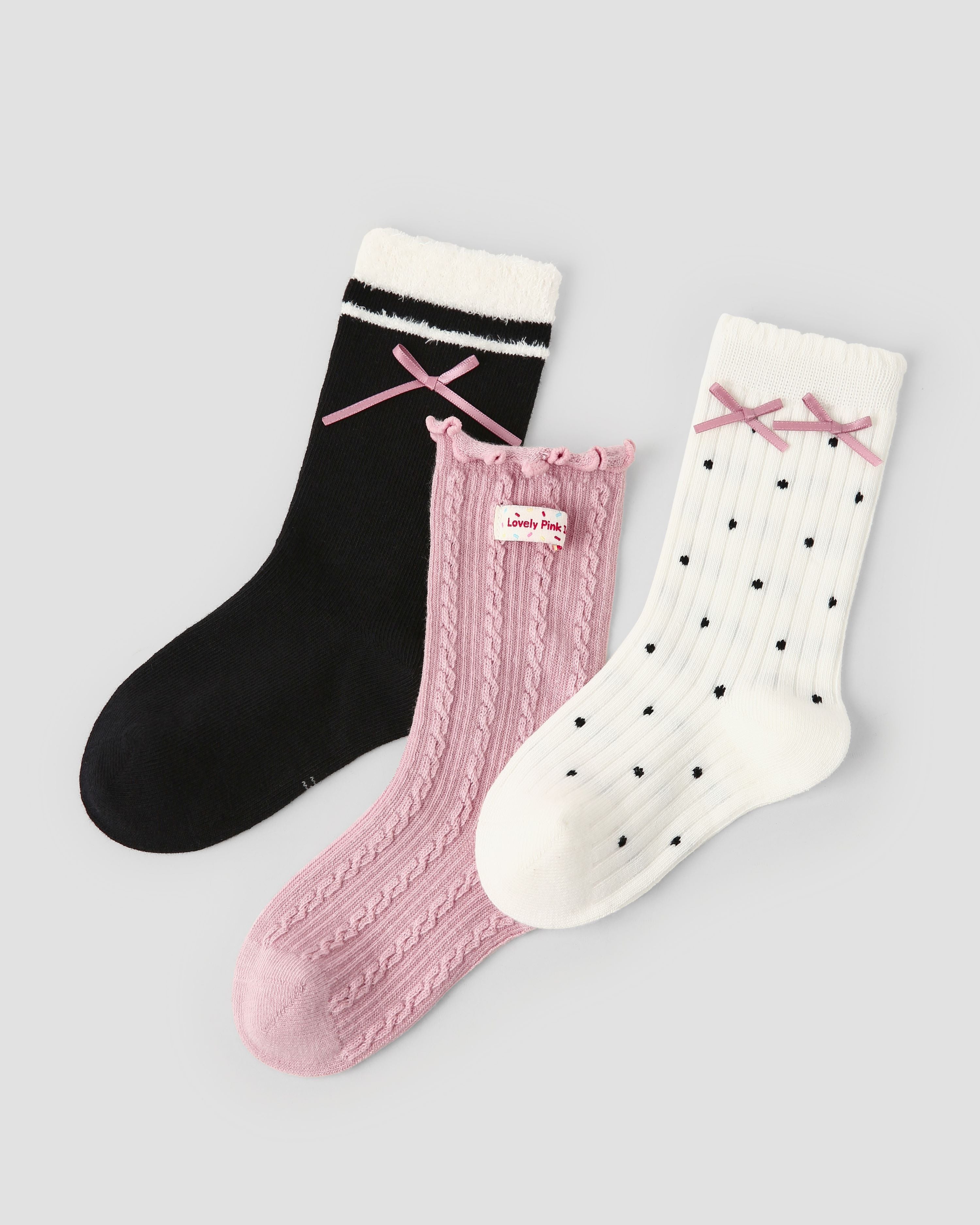 3 Pack Kids Crew Socks Pink Bubble Bow Polka Dot Combed Cotton