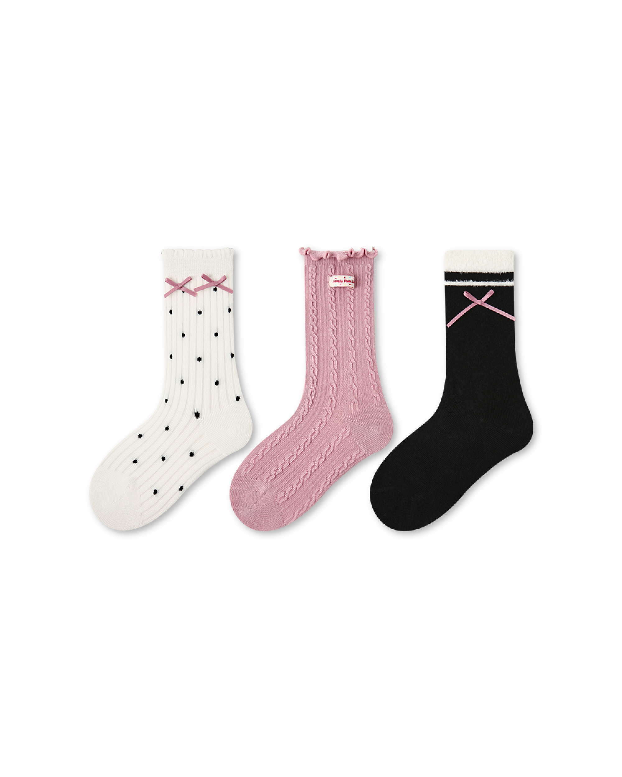 3 Pack Kids Crew Socks Pink Bubble Bow Polka Dot Combed Cotton - SWEET NANA