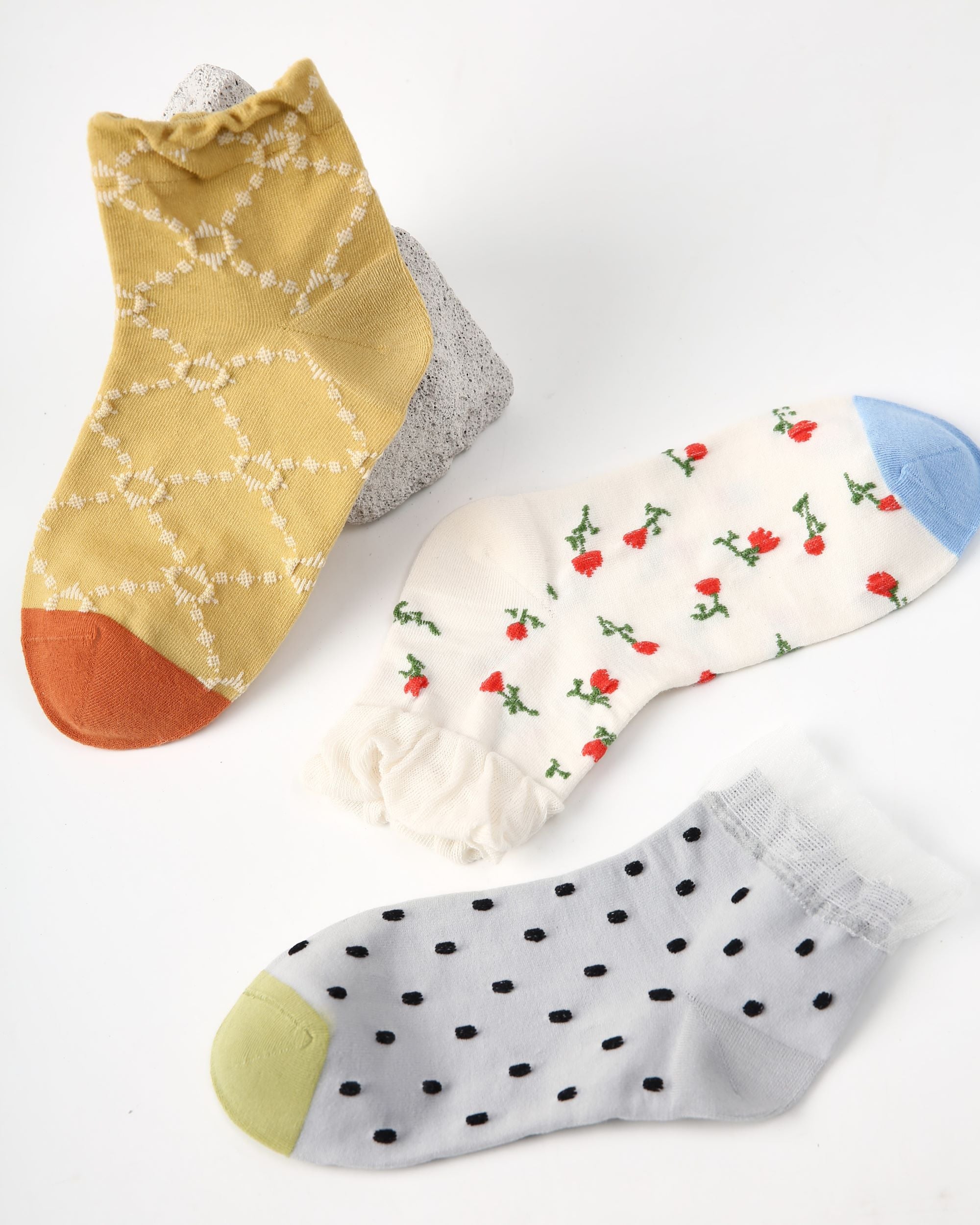 3 Pack Womens Ankle Socks Floral Polka Dot Geometric Pattern Combed Cotton