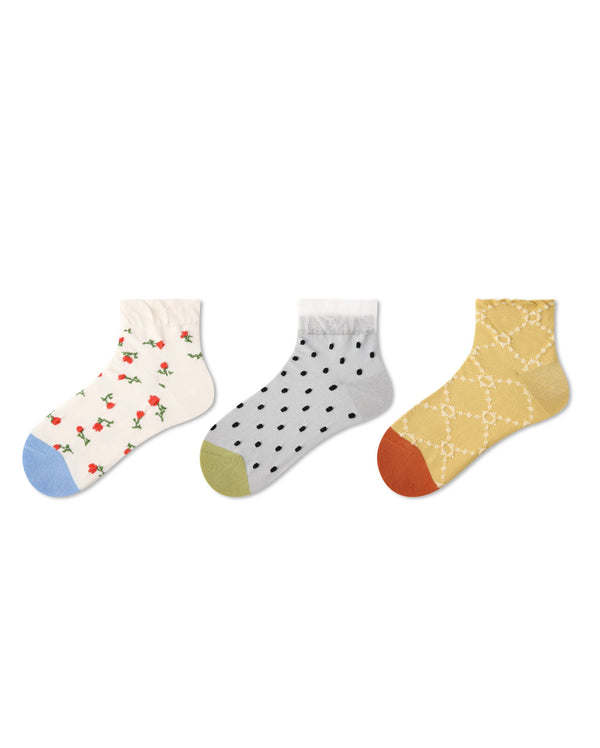 3 Pack Womens Ankle Socks Floral Polka Dot Geometric Pattern Combed Cotton