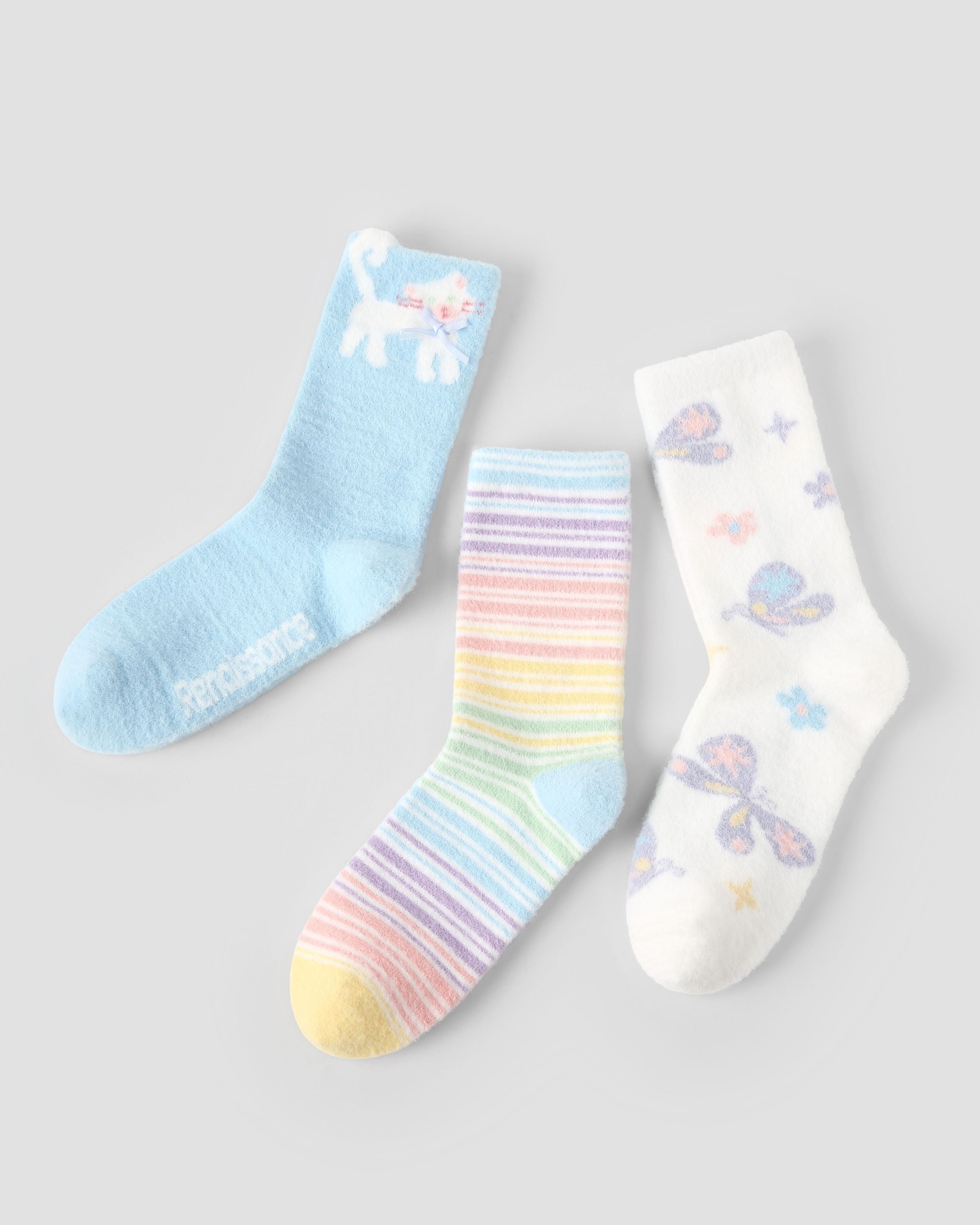 3 Pack Womens Crew Socks Cat Butterfly Dream Cute Fuzzy