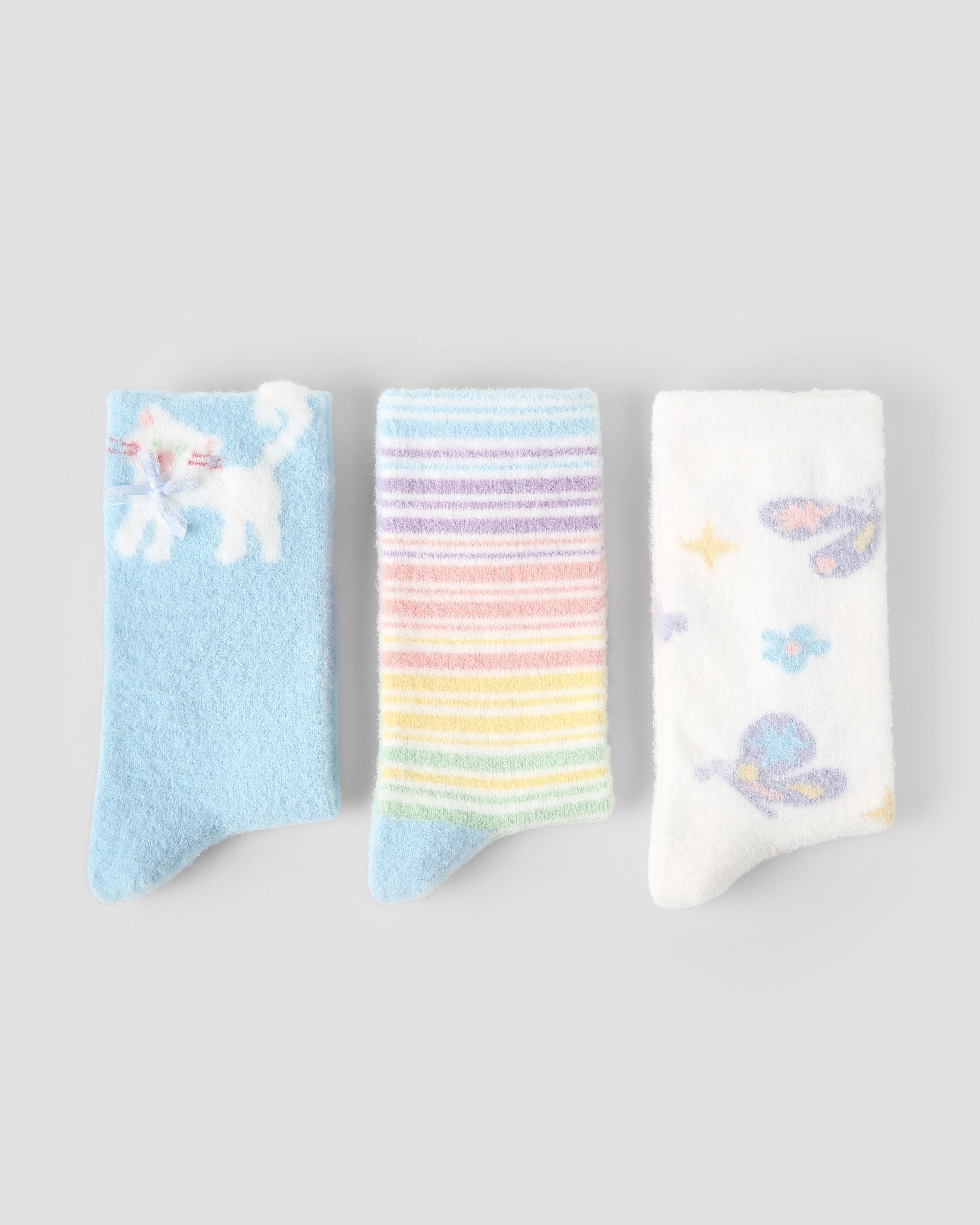 3 Pack Womens Crew Socks Cat Butterfly Dream Cute Fuzzy