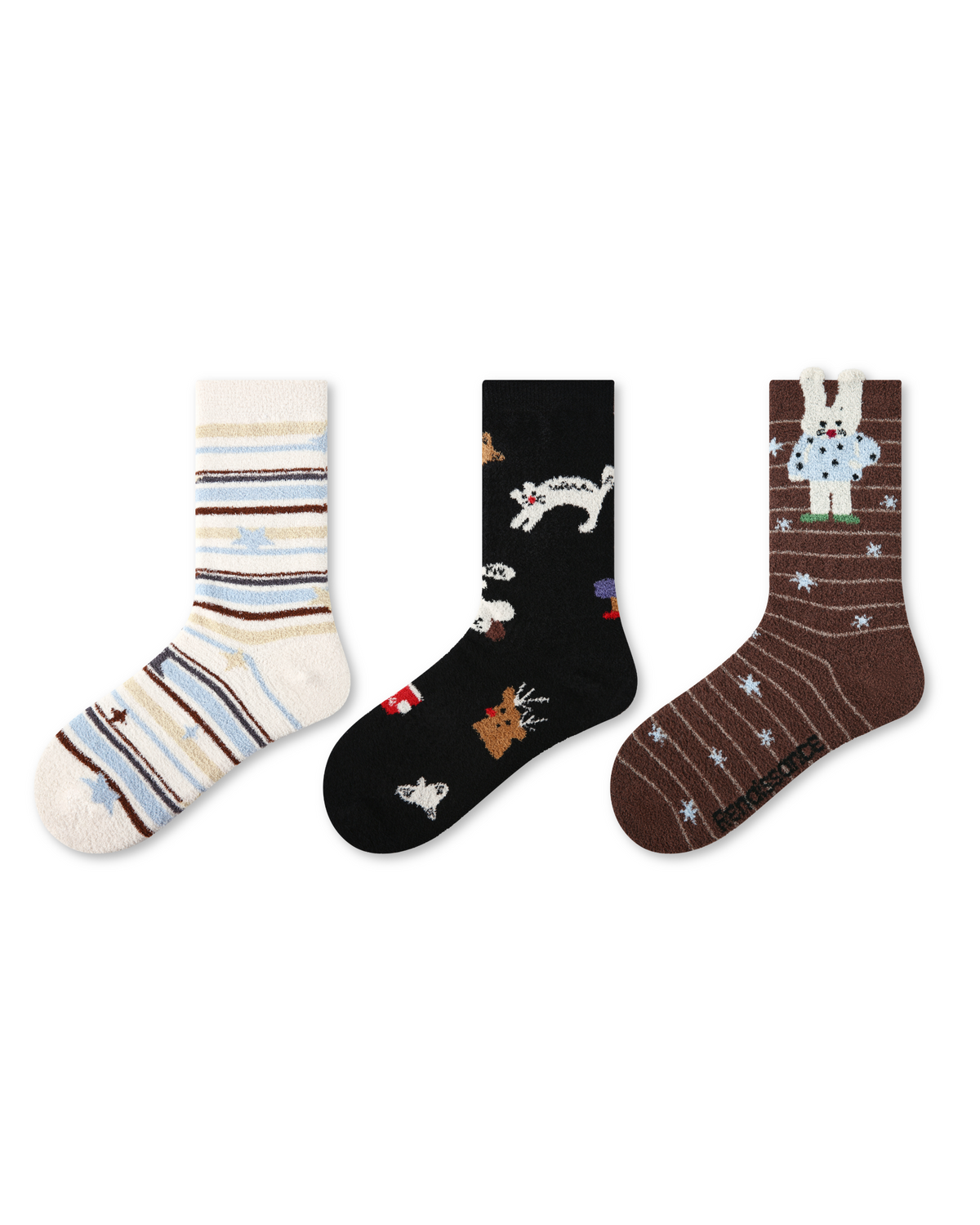 3パック レディース クルーソックス（遊び心のあるのんびりウサギ柄・かわいいバニー）