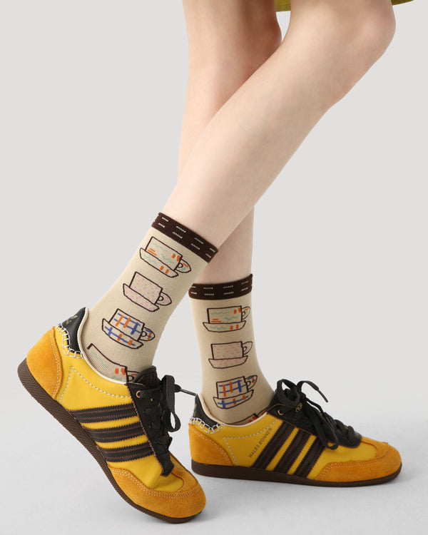 3 Pack Womens Crew Socks Coffee Time Cute Cup Clock Pattern - SWEET NANA