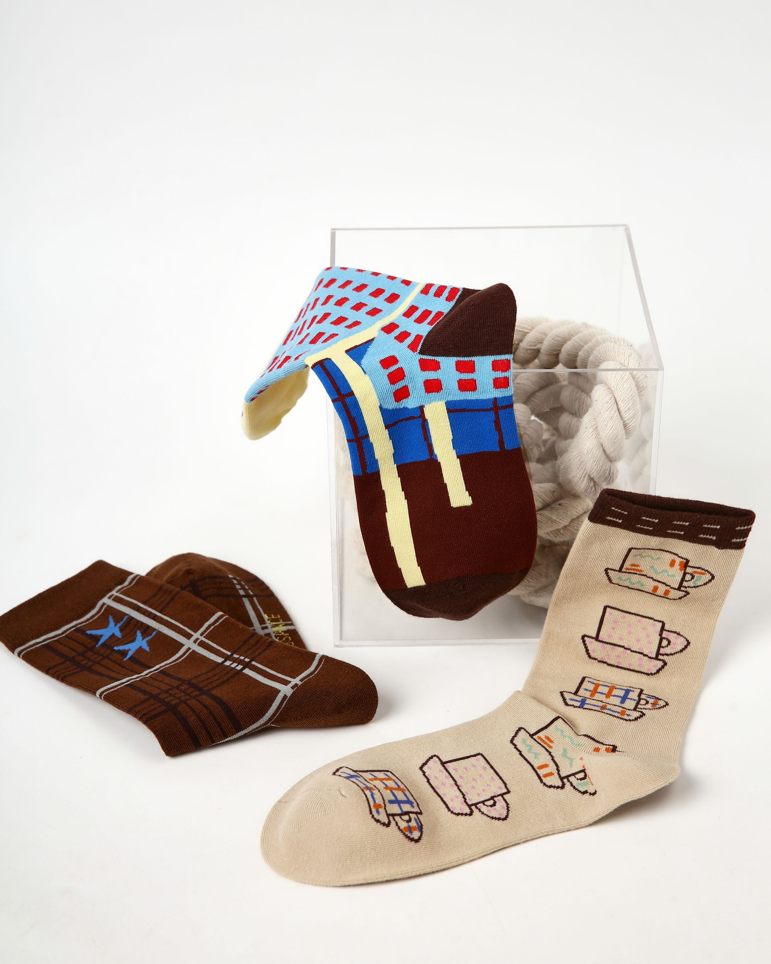 3 Pack Womens Crew Socks Coffee Time Cute Cup Clock Pattern - SWEET NANA
