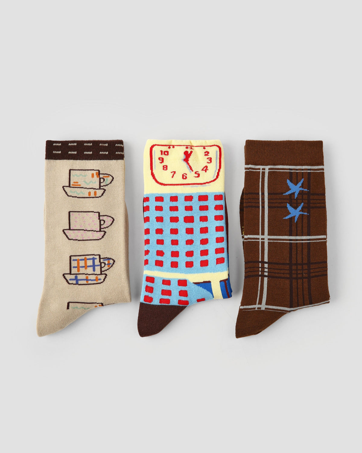 3 Pack Womens Crew Socks Coffee Time Cute Cup Clock Pattern