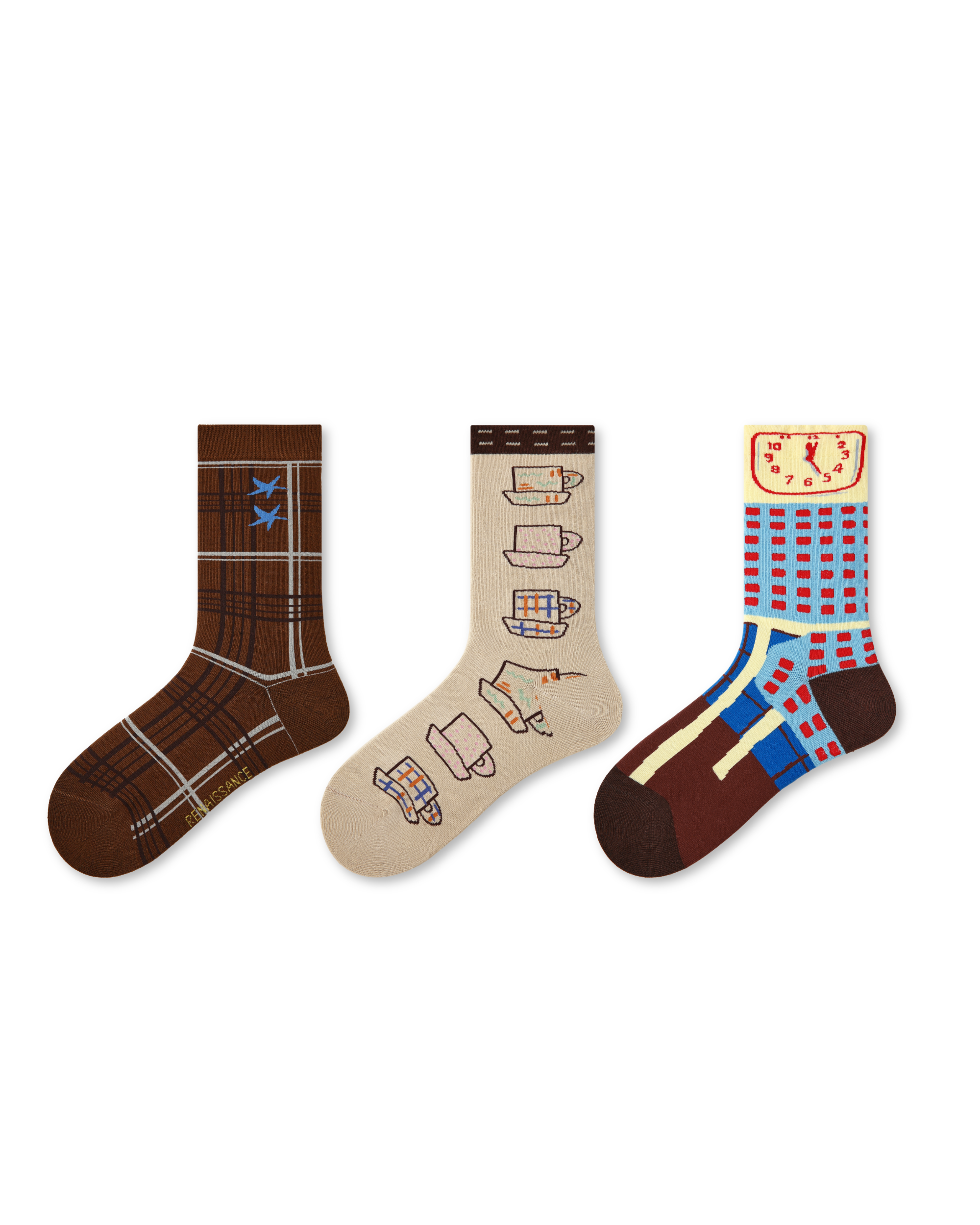 3 Pack Womens Crew Socks Coffee Time Cute Cup Clock Pattern