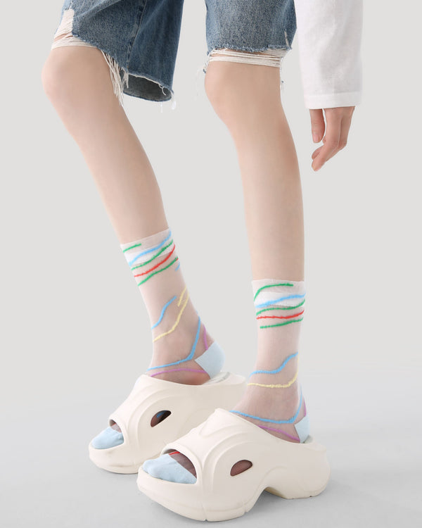 3 Pack Womens Crew Socks Colorful Scribble Dot Stripe Pattern Everyday
