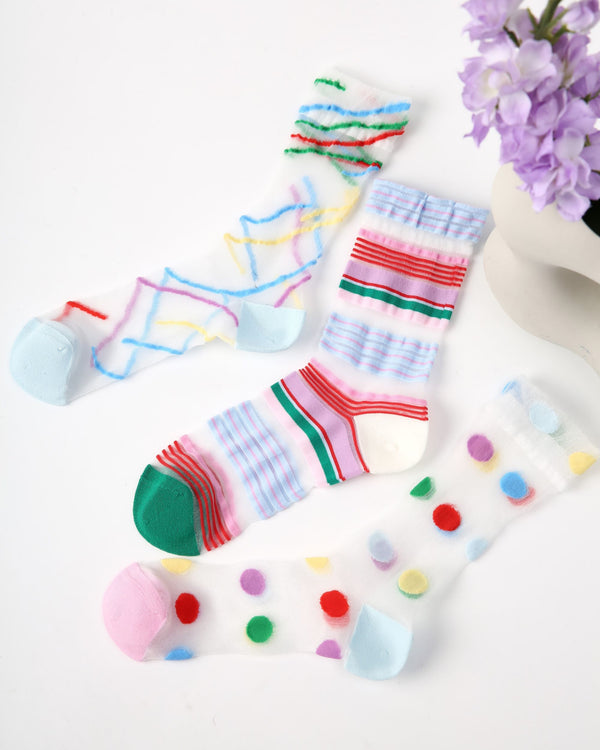 3 Pack Womens Crew Socks Colorful Scribble Dot Stripe Pattern Everyday