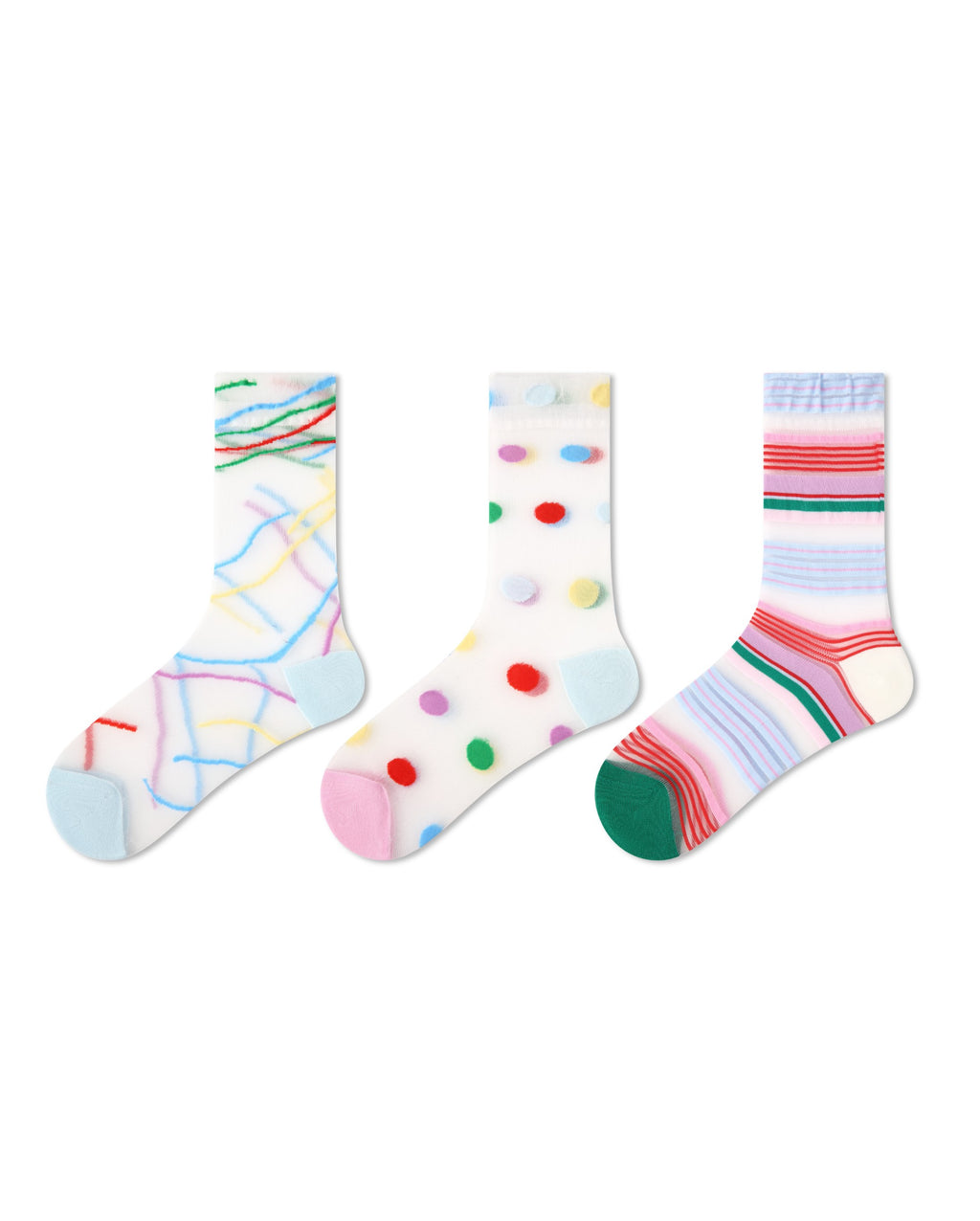 3 Pack Womens Crew Socks Colorful Scribble Dot Stripe Pattern Everyday