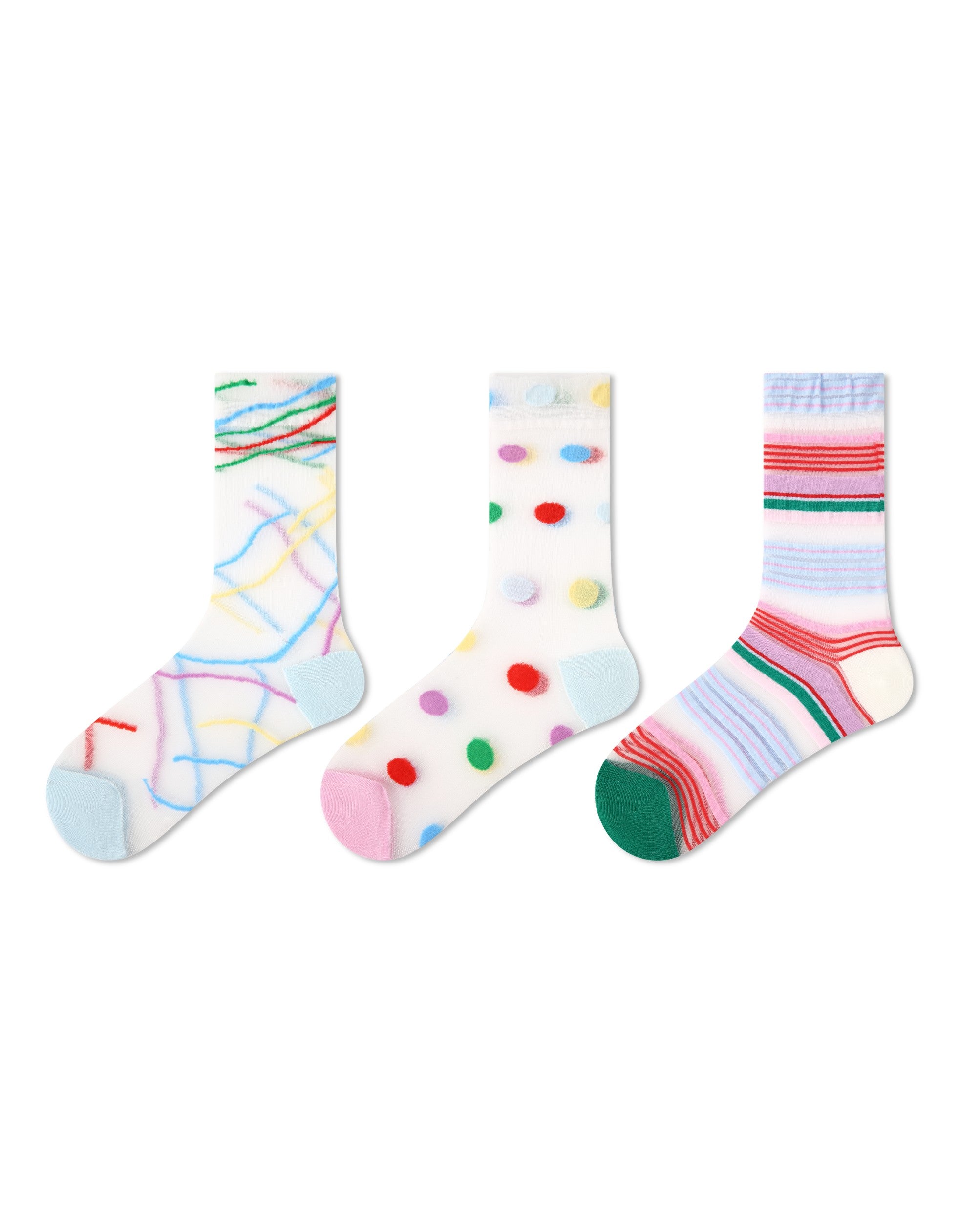 3 Pack Womens Crew Socks Colorful Scribble Dot Stripe Pattern Everyday