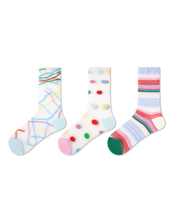 3 Pack Womens Crew Socks Colorful Scribble Dot Stripe Pattern Everyday