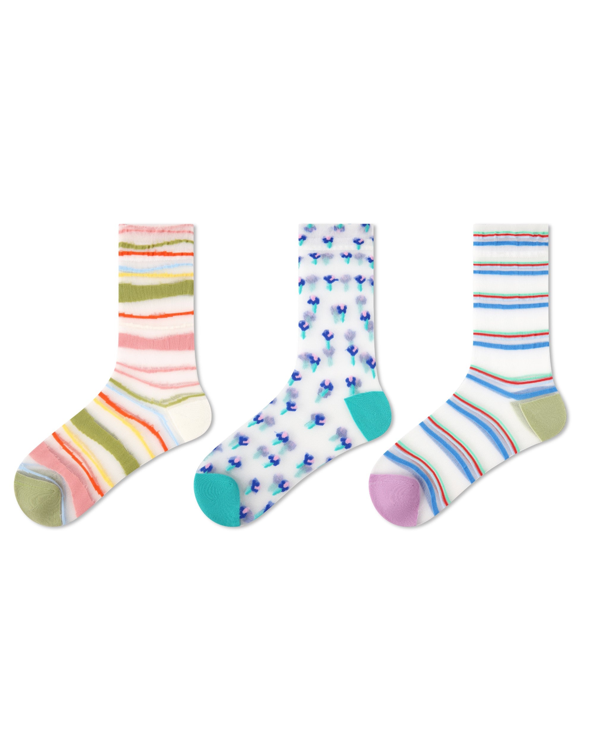 3 Pack Womens Crew Socks Colorful Stripe Floral Pattern Everyday