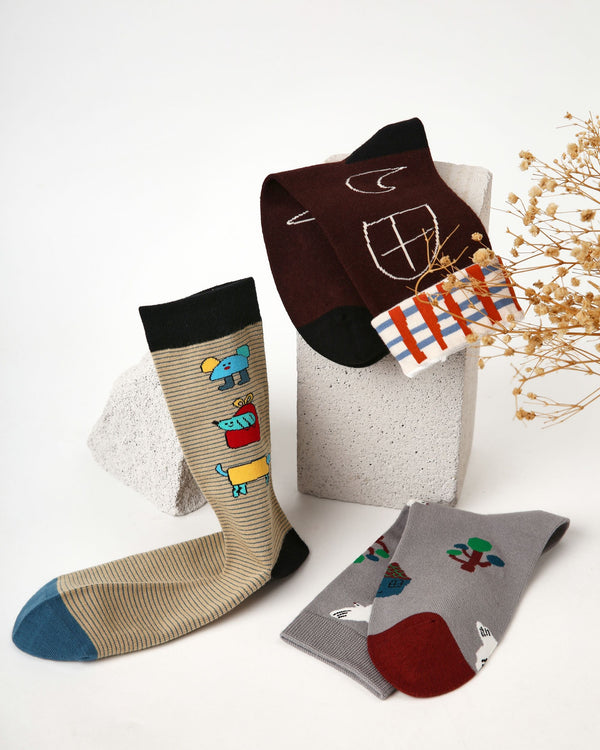 3 Pack Womens Crew Socks Drawing Dream Cottage Cute House Pattern - SWEET NANA