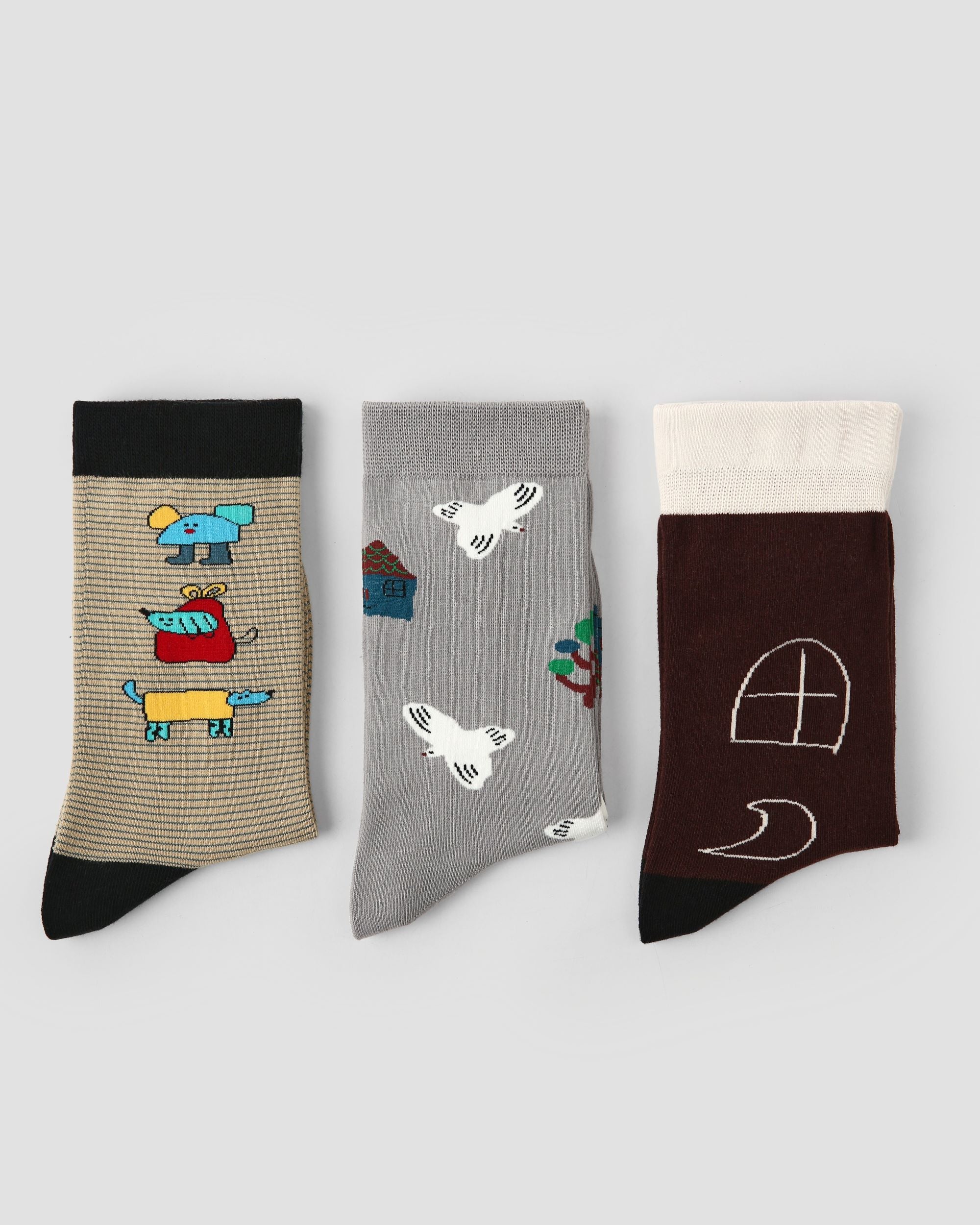 3 Pack Womens Crew Socks Drawing Dream Cottage Cute House Pattern - SWEET NANA