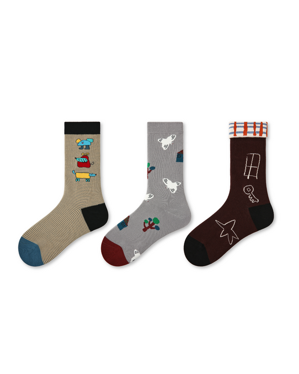 3 Pack Womens Crew Socks Drawing Dream Cottage Cute House Pattern - SWEET NANA