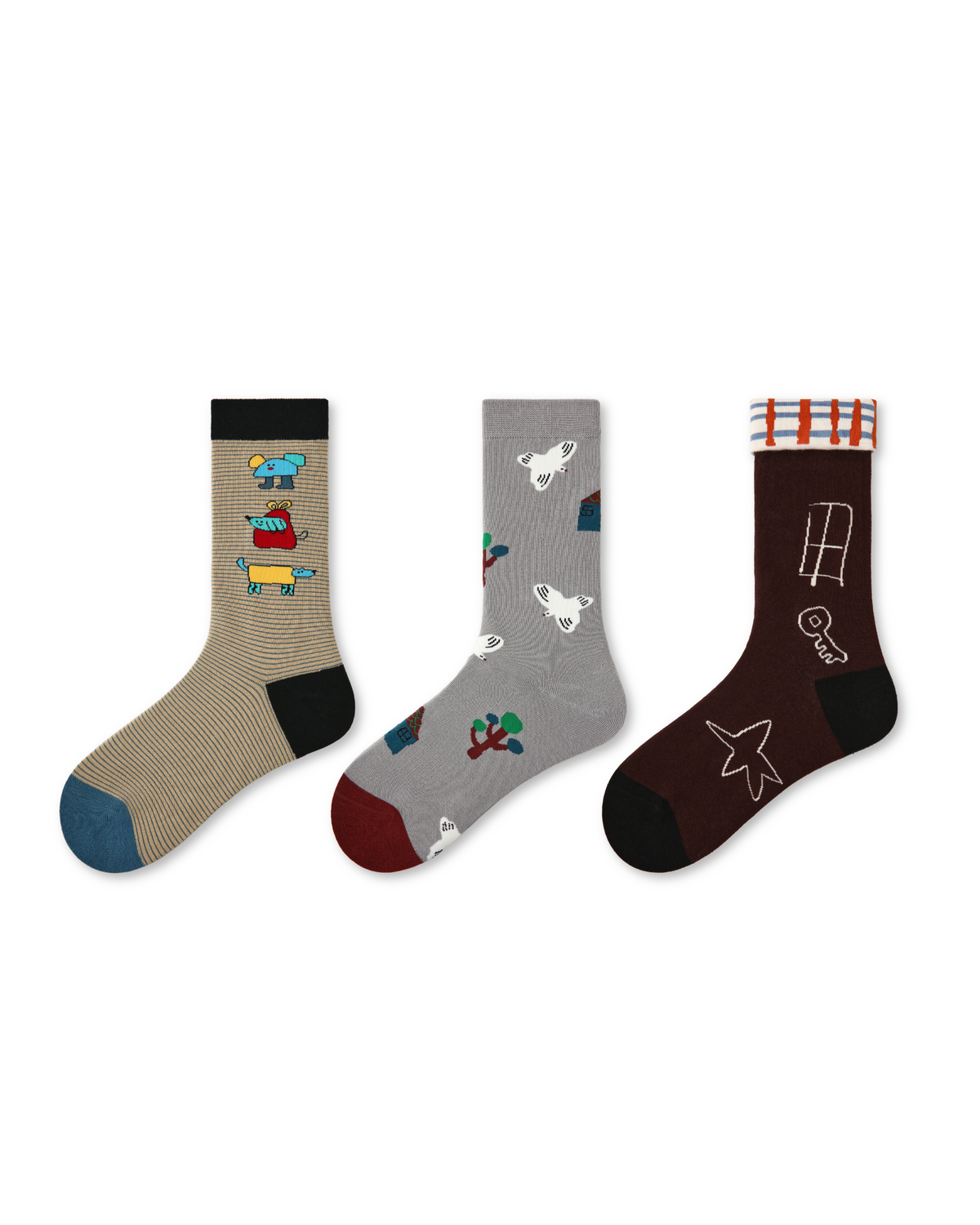 3パック レディース クルーソックス ドリーミーコテージのイラスト柄 かわいい家モチーフ