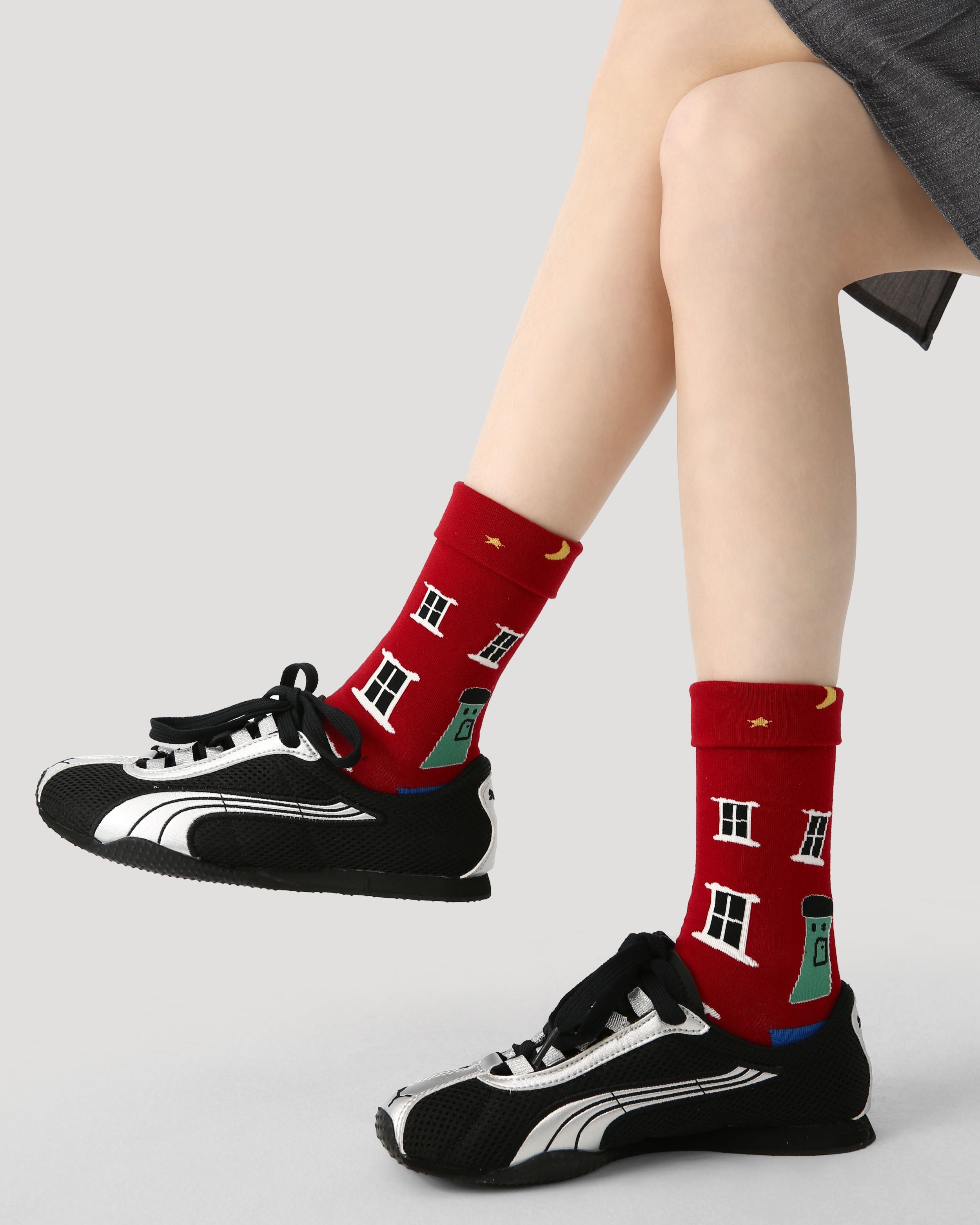 3 Pack Womens Crew Socks House Maze Cartoon Building Animal Pattern