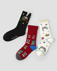 3 Pack Womens Crew Socks House Maze Cartoon Building Animal Pattern