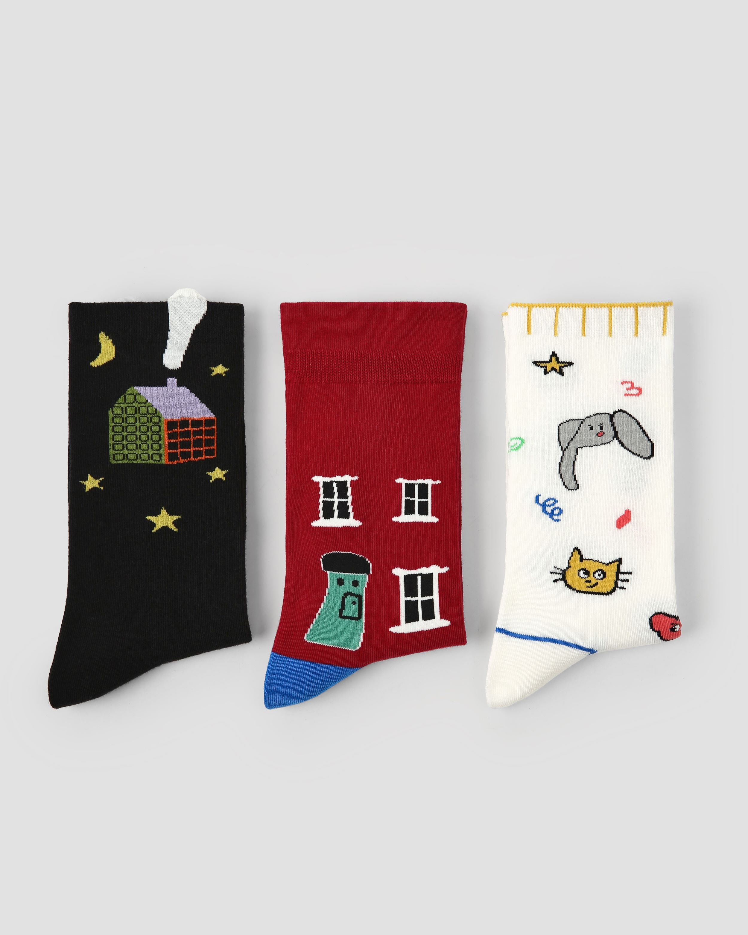 3 Pack Womens Crew Socks House Maze Cartoon Building Animal Pattern