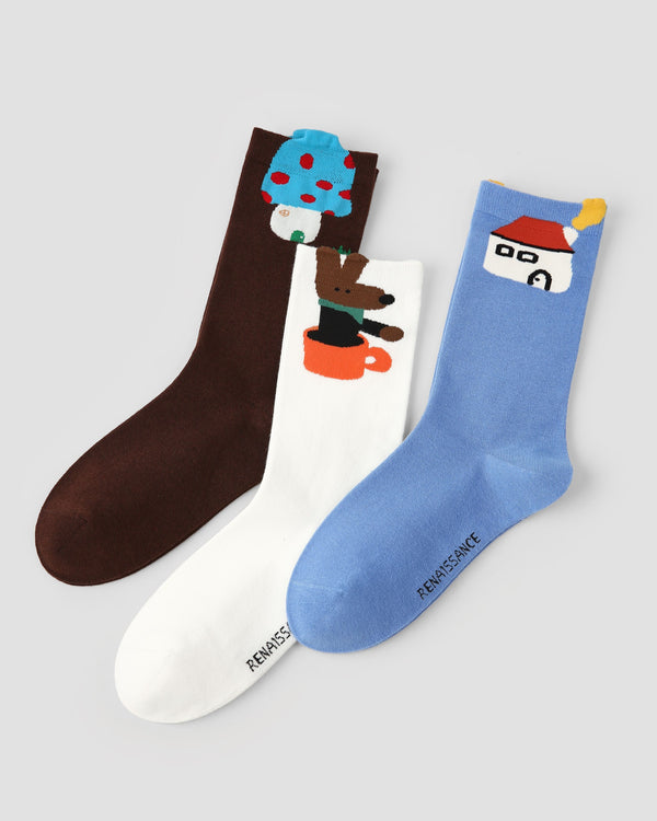 3 Pack Womens Crew Socks Maze Adventure Cute Animal House Pattern - SWEET NANA
