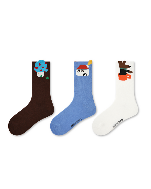 3 Pack Womens Crew Socks Maze Adventure Cute Animal House Pattern - SWEET NANA