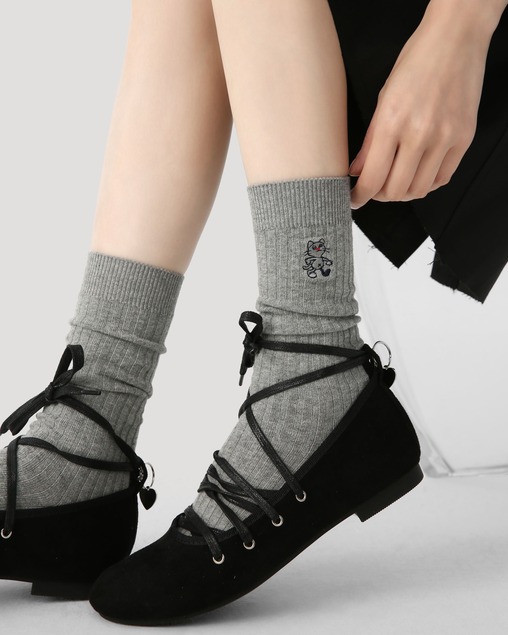 3 Pack Womens Crew Socks Order Academy Ribbed Cat Embroidered - SWEET NANA