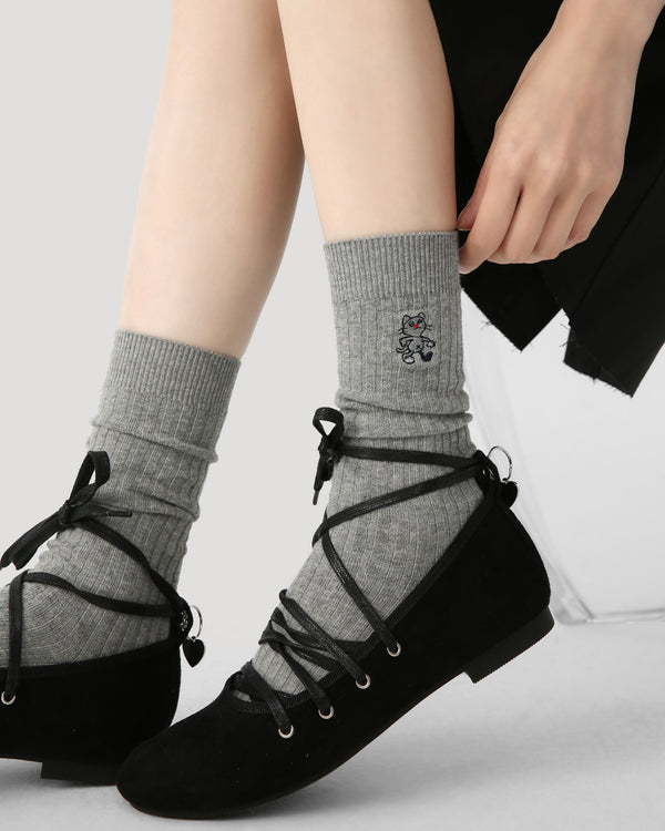 3 Pack Womens Crew Socks Order Academy Ribbed Cat Embroidered - SWEET NANA
