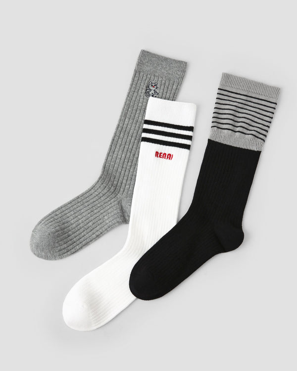 3 Pack Womens Crew Socks Order Academy Ribbed Cat Embroidered - SWEET NANA