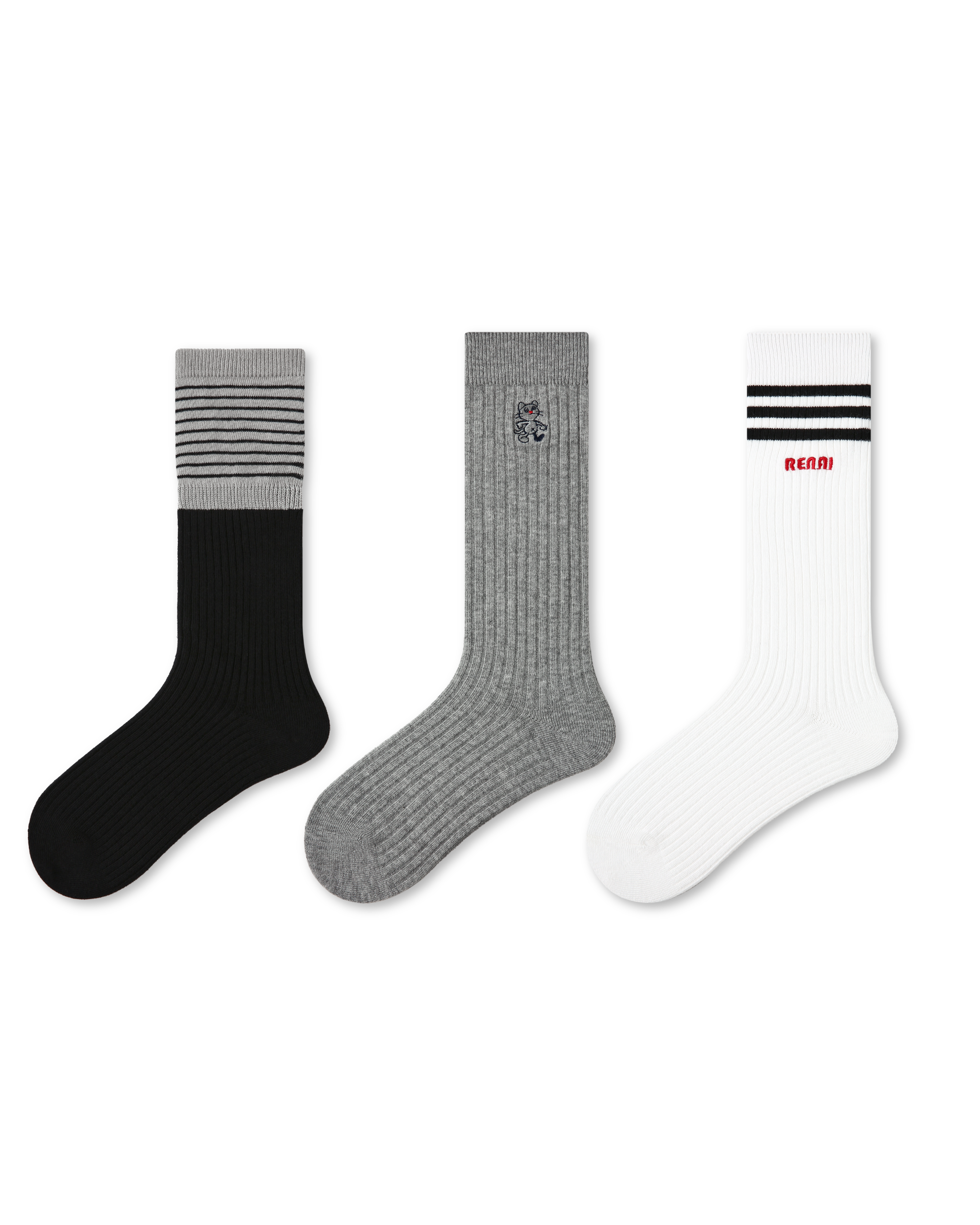 3 Pack Womens Crew Socks Order Academy Ribbed Cat Embroidered