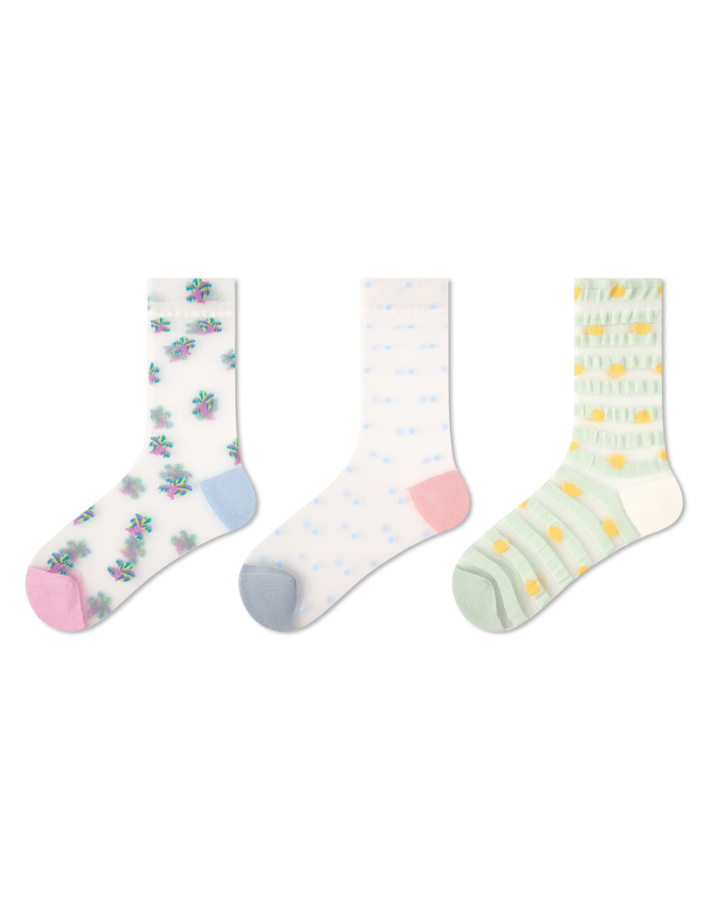 3 Pack Womens Crew Socks Pastel Floral Dot Stripe Pattern Everyday
