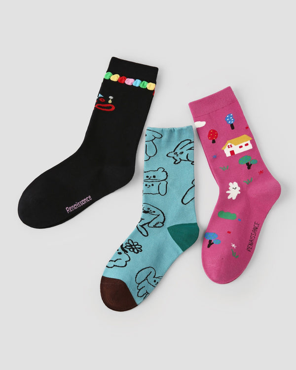 3 Pack Womens Crew Socks Rainbow Animals Cute Cartoon Pattern - SWEET NANA